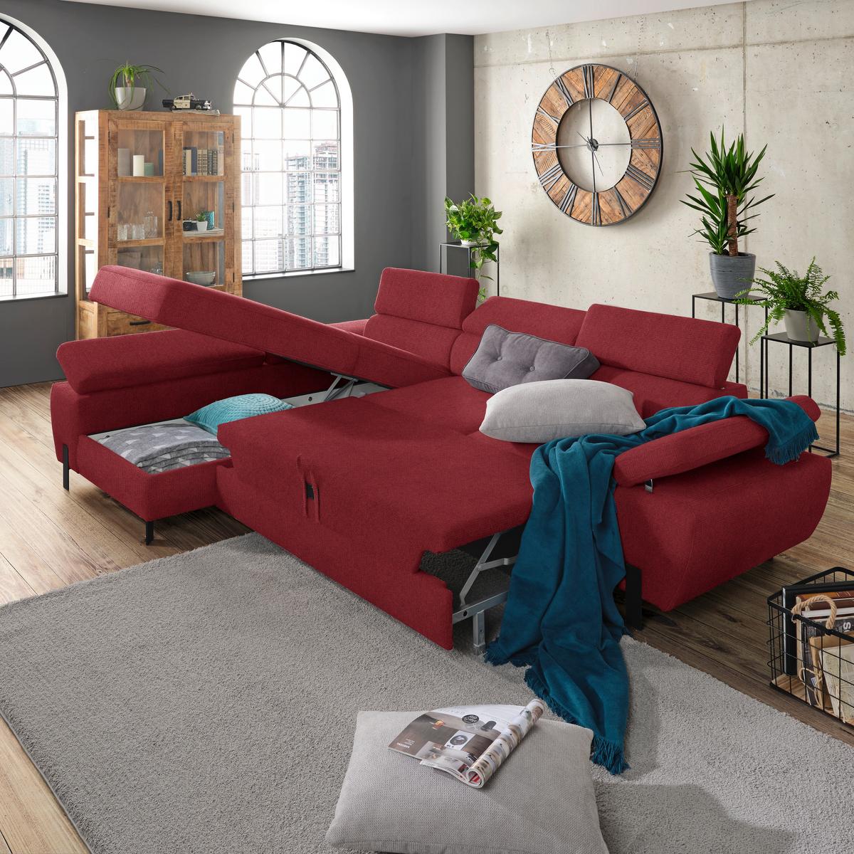 Rohová sedačka MILNA, ľavá, vínovočervená - čierna/vínovočervená, Modern, kov/textil (93/90/277cm) - Mömax