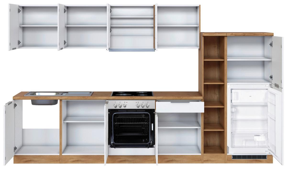 Küchenzeile Florenz mit Geräten 330 cm Weiß/Eichefarben - Eiche Wotan/Weiß, Design, Holzwerkstoff (330cm) - Held