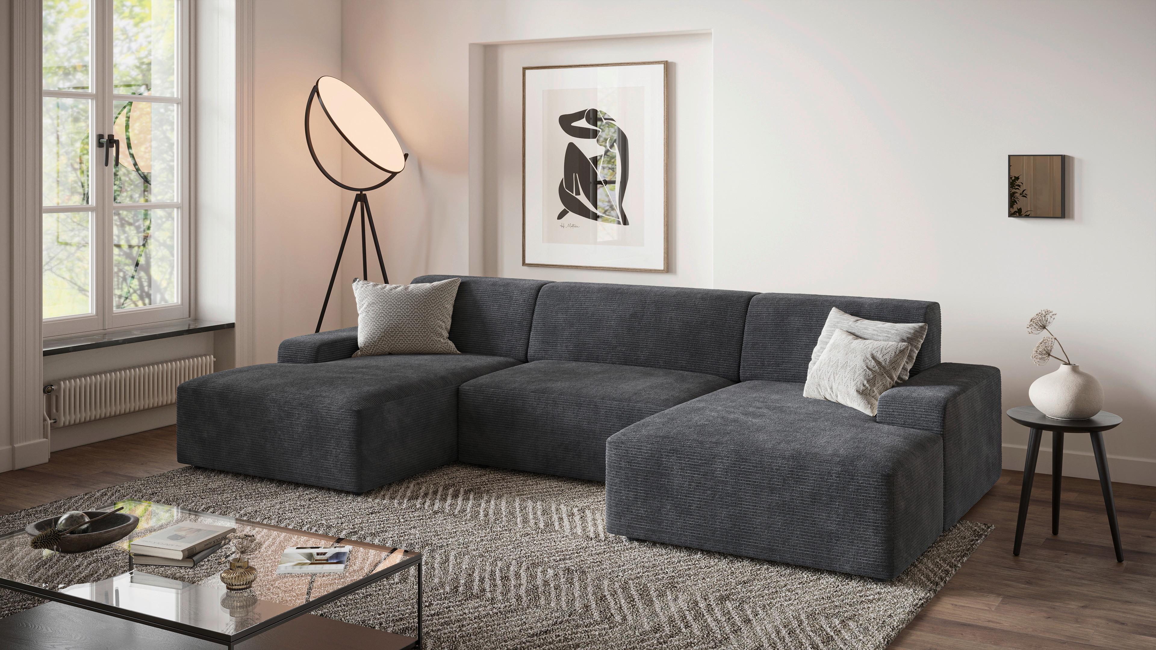 Wohnlandschaft Wien D. Grau U: 162x329x162 cm - Dunkelgrau/Schwarz, MODERN, Textil (162/329/162cm) - Trendmanufaktur