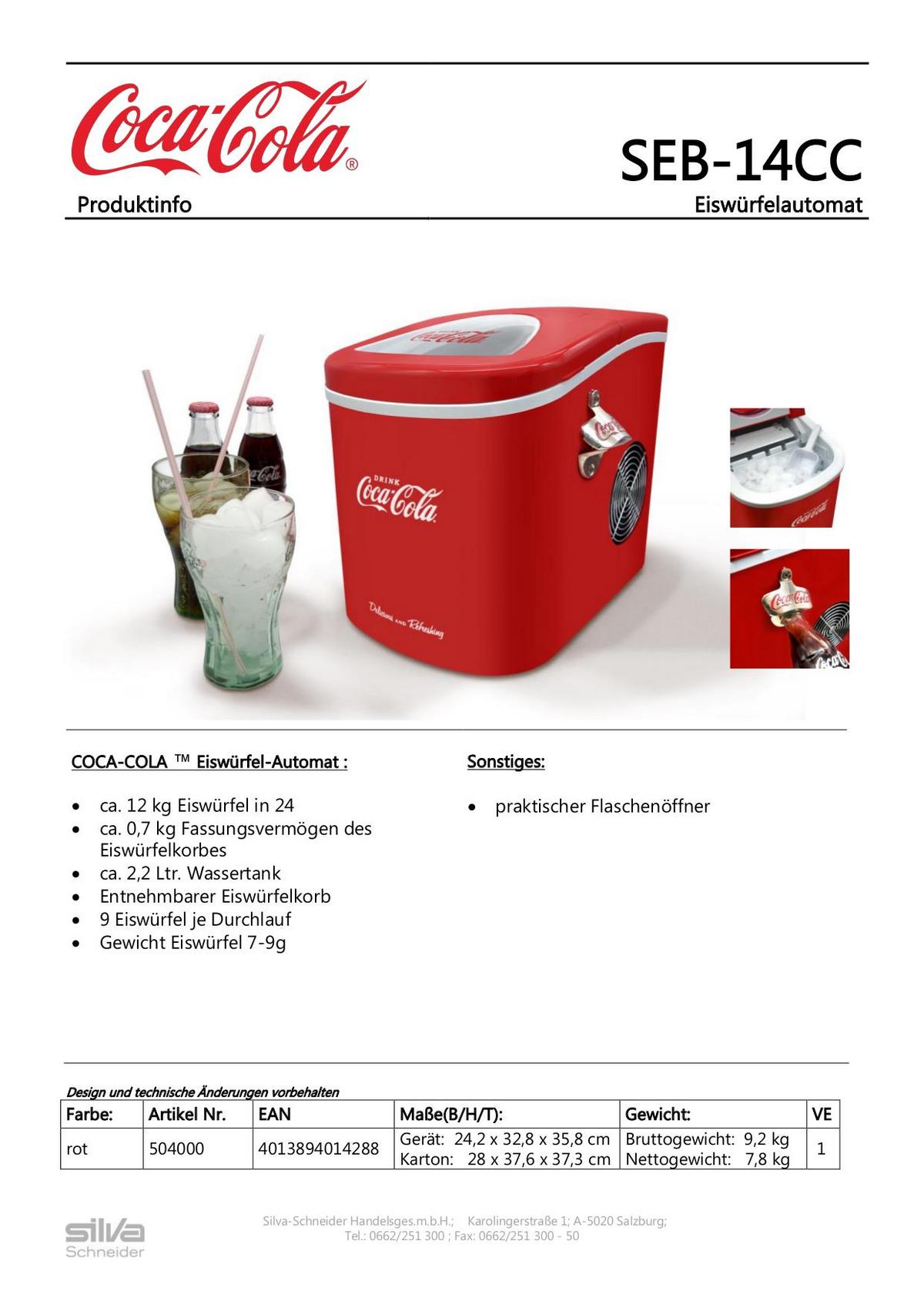 Eiswürfelmaschine Coca-Cola Seb-14cc 12 Kg/24 H - Rot/Weiß, Basics, Kunststoff (28/37,6/37,3cm) - Silva Homeline