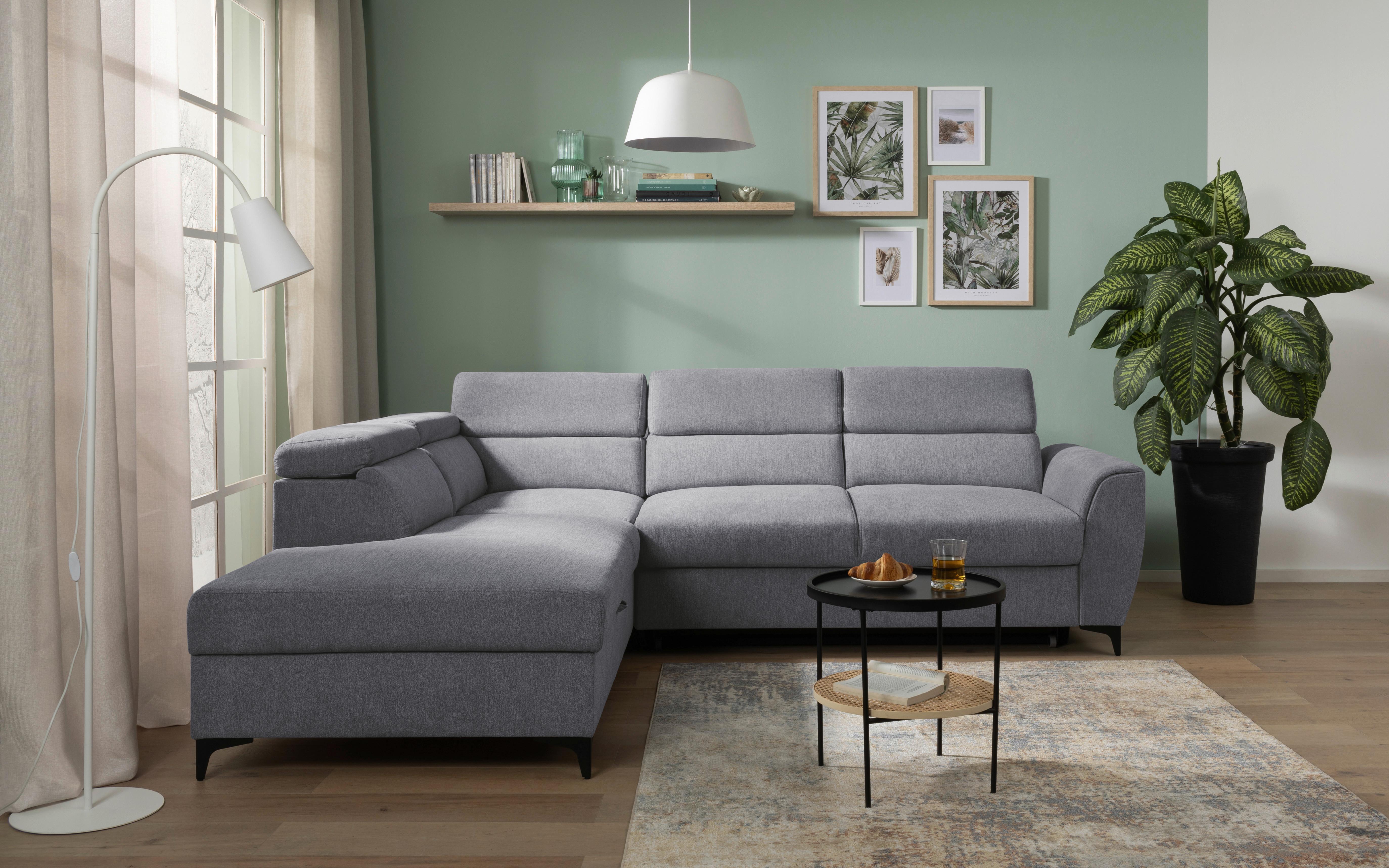Ecksofa Mit Bettkasten Lapis Velours Creme - Dunkelgrau/Schwarz, KONVENTIONELL, Textil (217/255cm) - MID.YOU