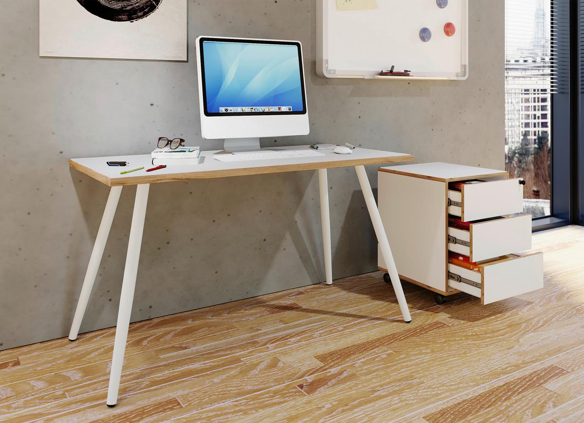 Schreibtisch Salia Weiß, Eiche Dekor L: 110 cm - Honigeiche/Weiß, Design, Holzwerkstoff/Metall (110/50/70cm) - MID.YOU