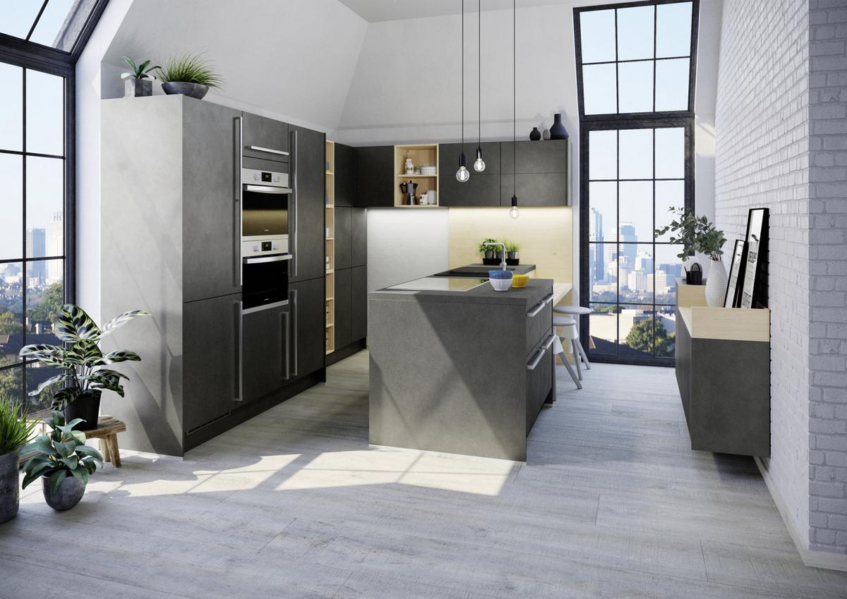 Einbauküche Base Frei Planbar Modern, grifflos - Eichefarben/Anthrazit, MODERN, Holzwerkstoff - Express