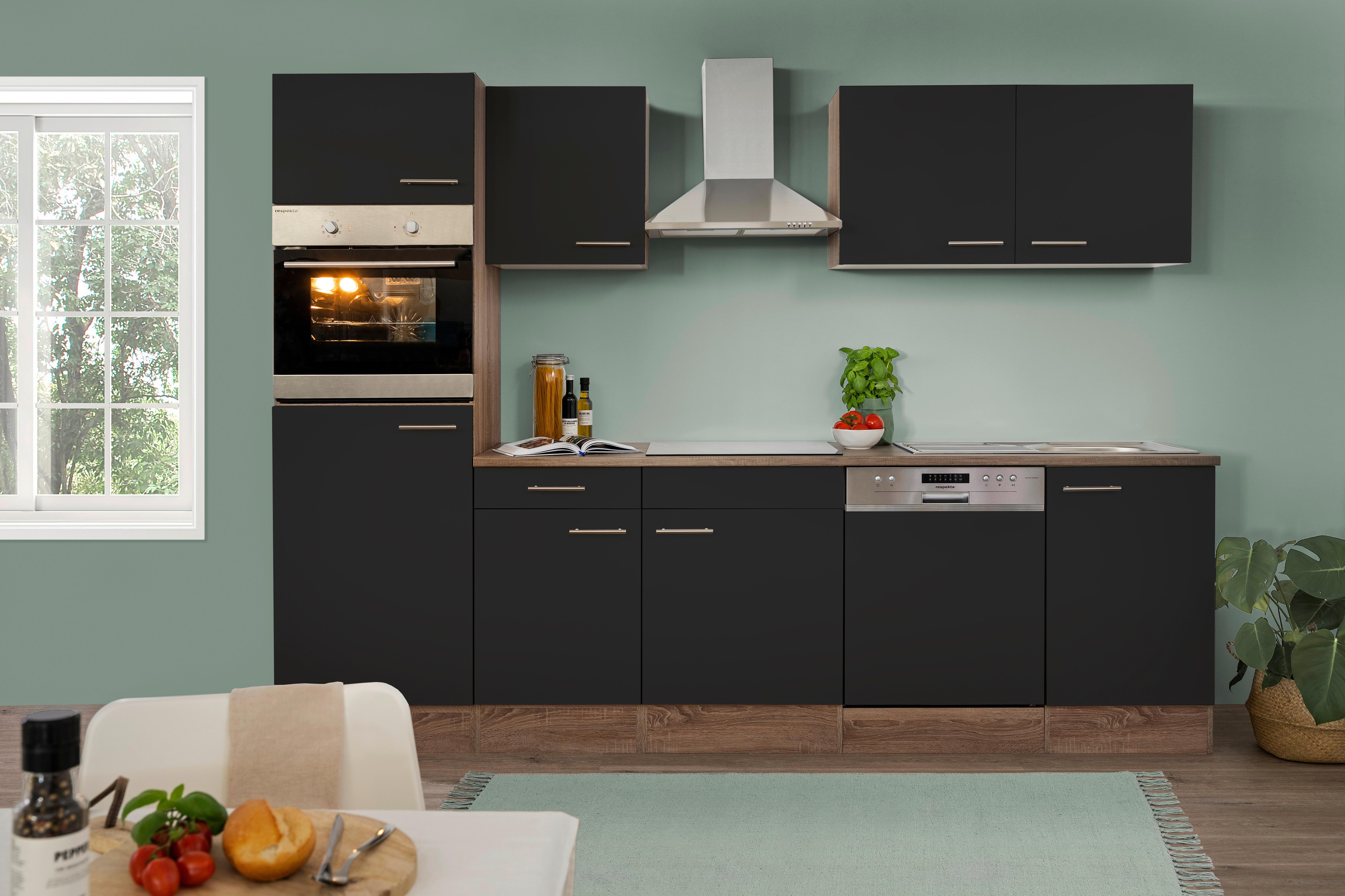 Küchenzeile mit Geräten B: 280 cm Schwarz/Eiche Dekor - Eichefarben/Schwarz, Design, Holzwerkstoff (280cm) - Respekta