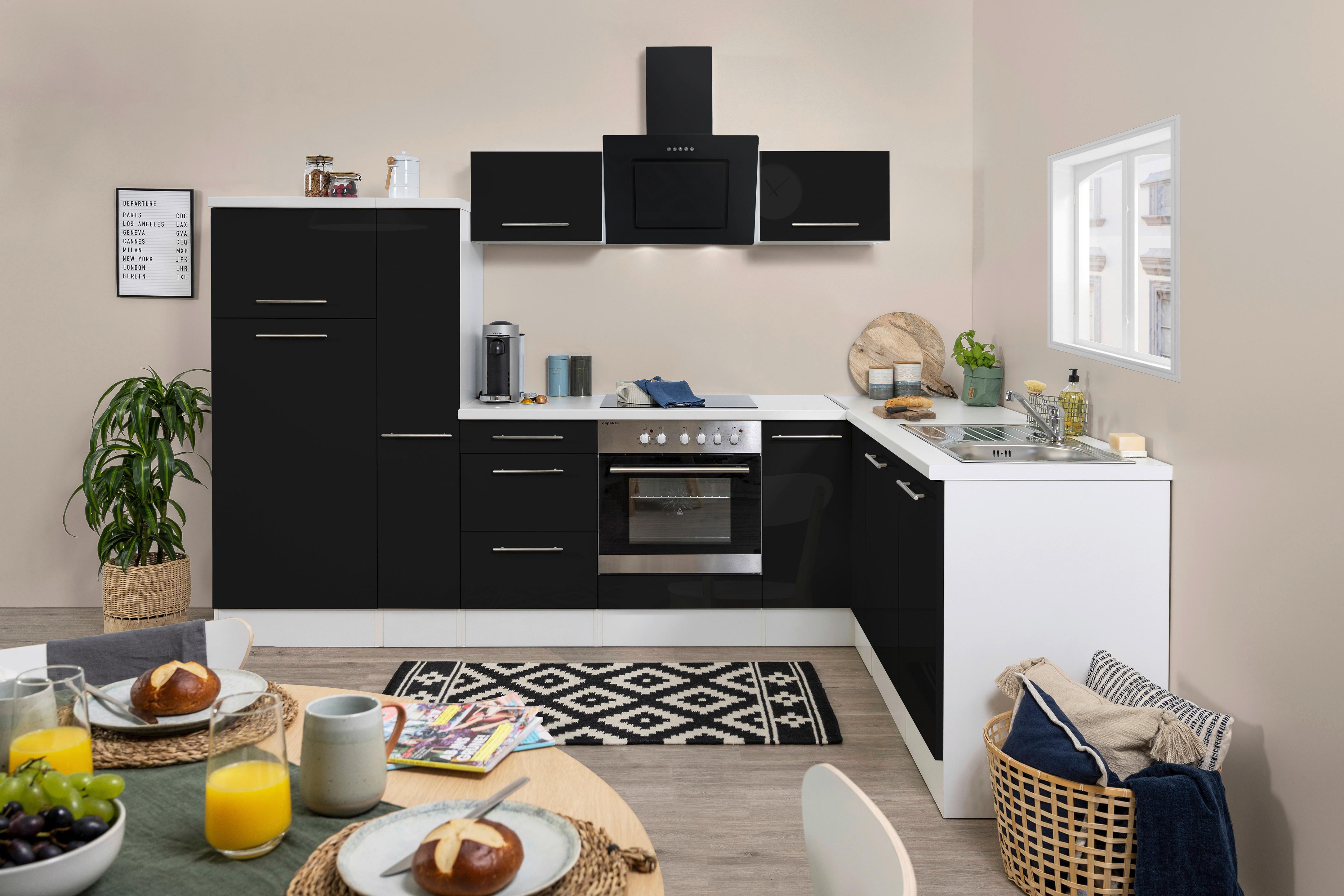 Eckküche RP290WSC mit Geräten 290x200 cm Schwarz/Weiß