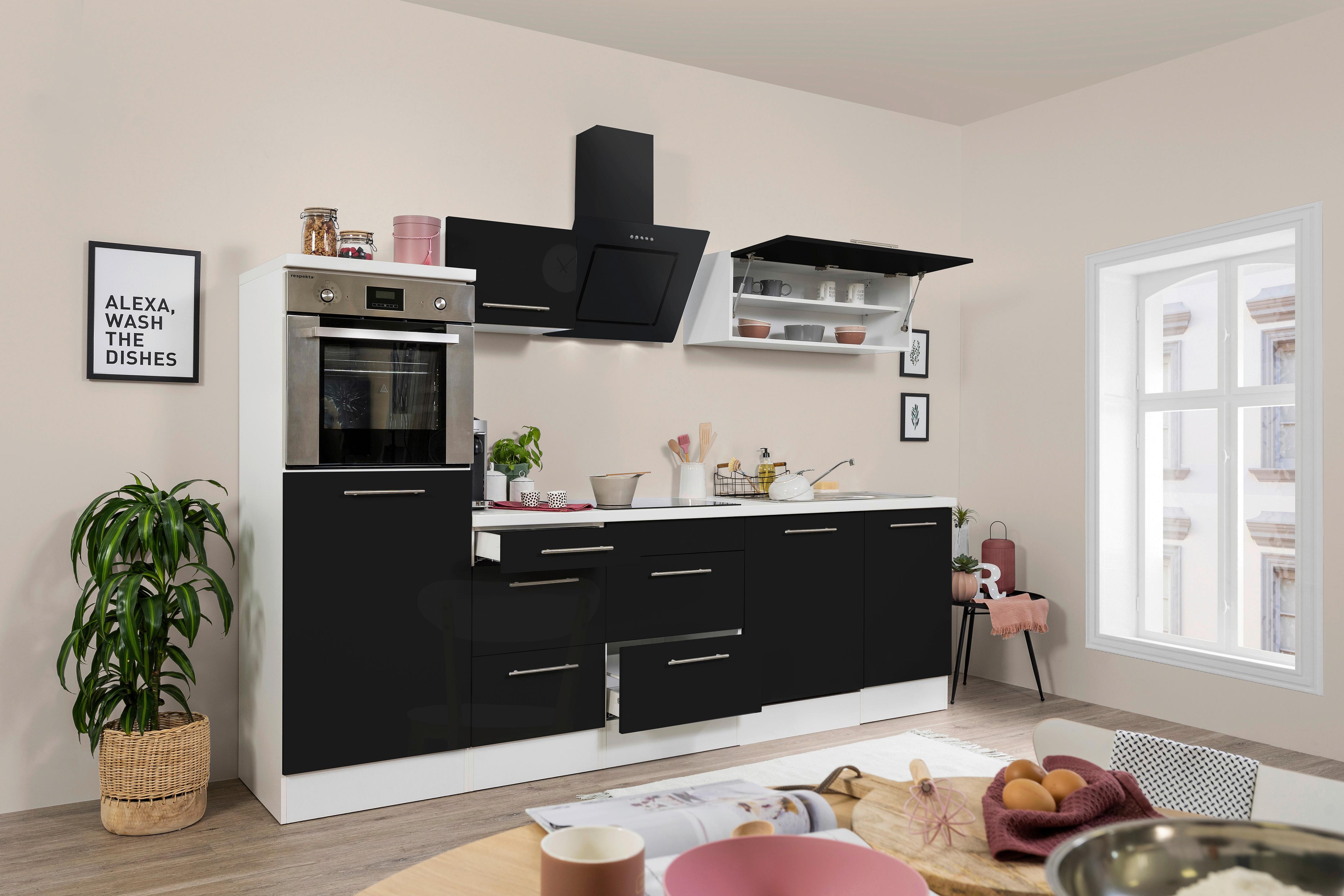Küchenzeile Mit Geräten 280 Cm Schwarz Hochglanz/weiß - Schwarz/Weiß, KONVENTIONELL, Holzwerkstoff (280cm) - Respekta