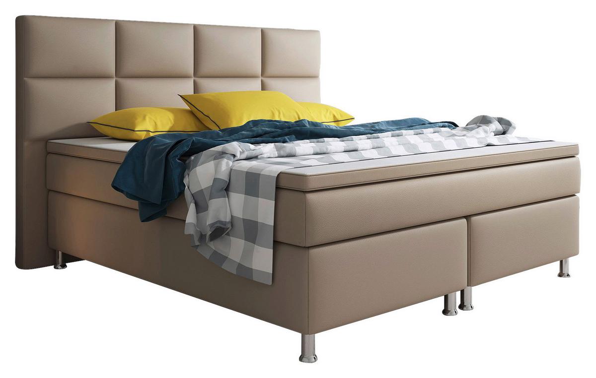 Boxspringbett mit Topper / Matratze 180x200 cm Miami - Silberfarben/Cappuccino, KONVENTIONELL, Leder/Textil (200/125/210cm) - MID.YOU