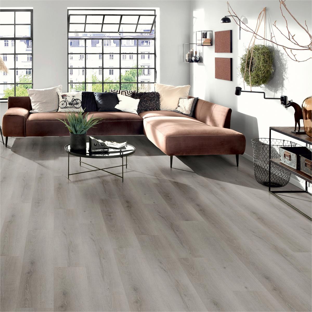 Designboden Eichefarben/grau /hellgrau Lhd. Stärke 4,8mm - Eichefarben/Eiche grau, Basics, Kunststoff (122/23/0.48cm)