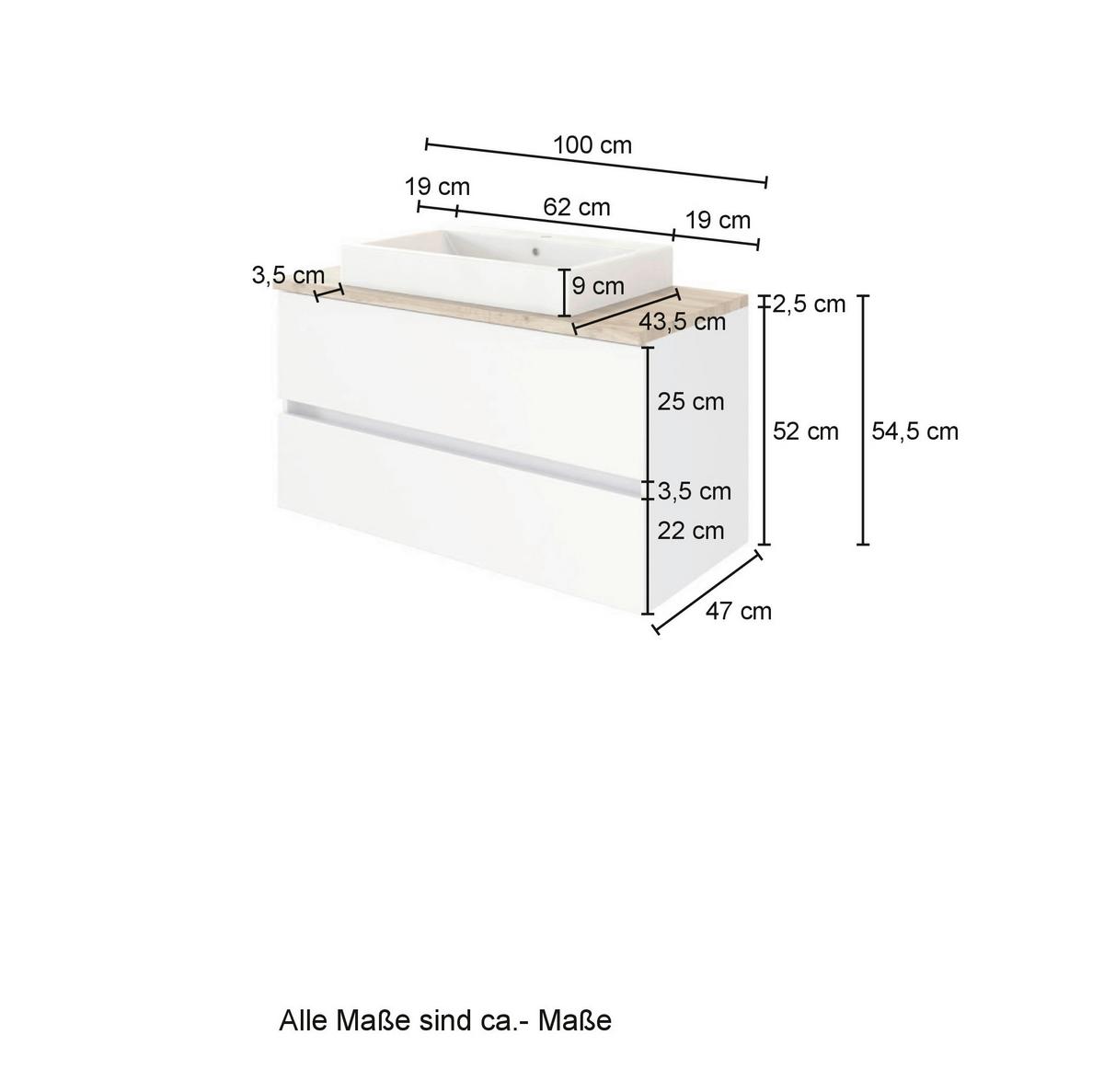 Waschbecken Mit Unterschrank B: 100 Cm, Weiß Dekor - Eichefarben/Weiß, Basics, Keramik/Holzwerkstoff (100cm) - Held