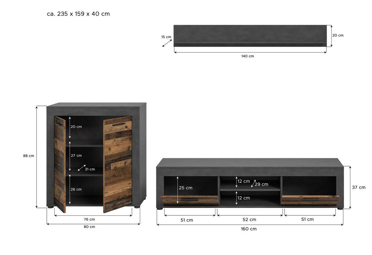 Wohnwand Jam Old Wood Grau 3-Teilig B: 255 Cm - Schwarz/Naturfarben, Design, Holzwerkstoff (255/159/35cm) - MID.YOU