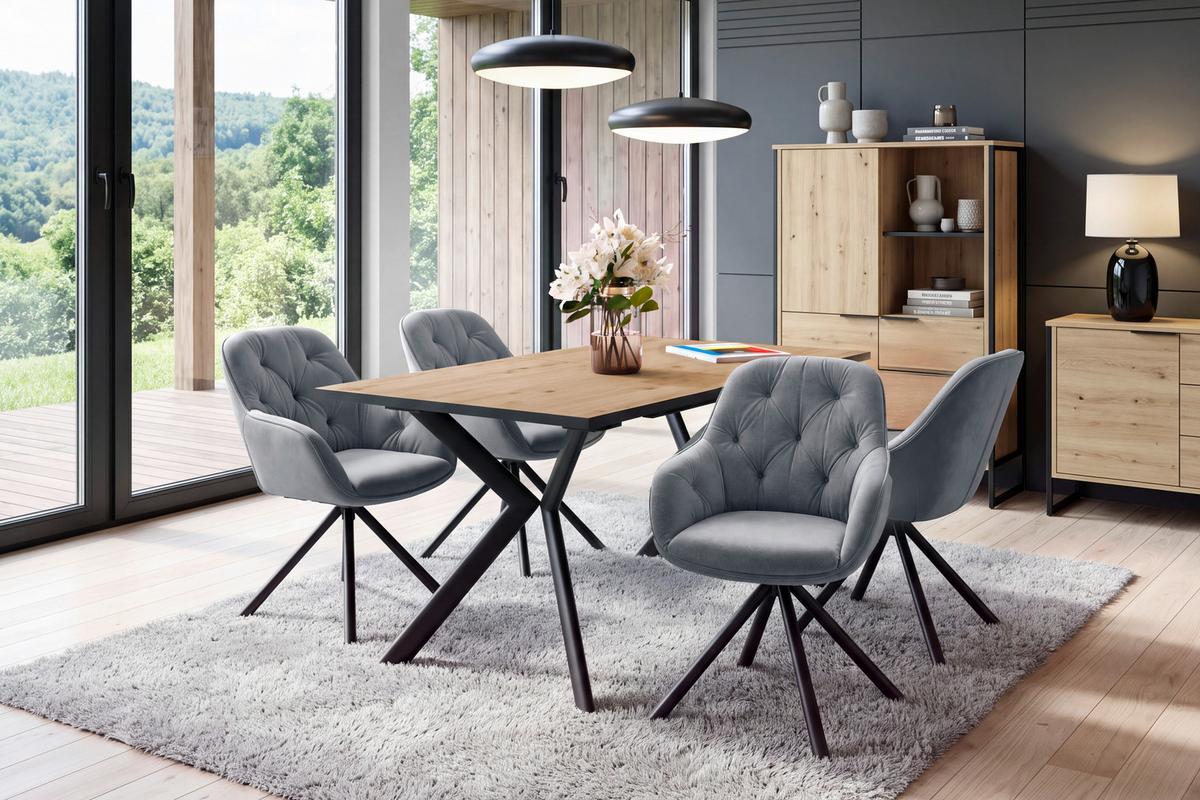 Ausziehtisch Marcel Giga 120AZ Melamin Eiche, B: 120-160cm - Eichefarben/Schwarz, MODERN, Holzwerkstoff/Metall (120-160/76/80cm)