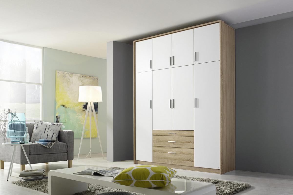 Drehtürenschrank mit Laden 185cm Hildesheim, Weiß/Eiche - Weiß/Sonoma Eiche, Design, Holzwerkstoff (185/231/56cm) - Rauch Möbel