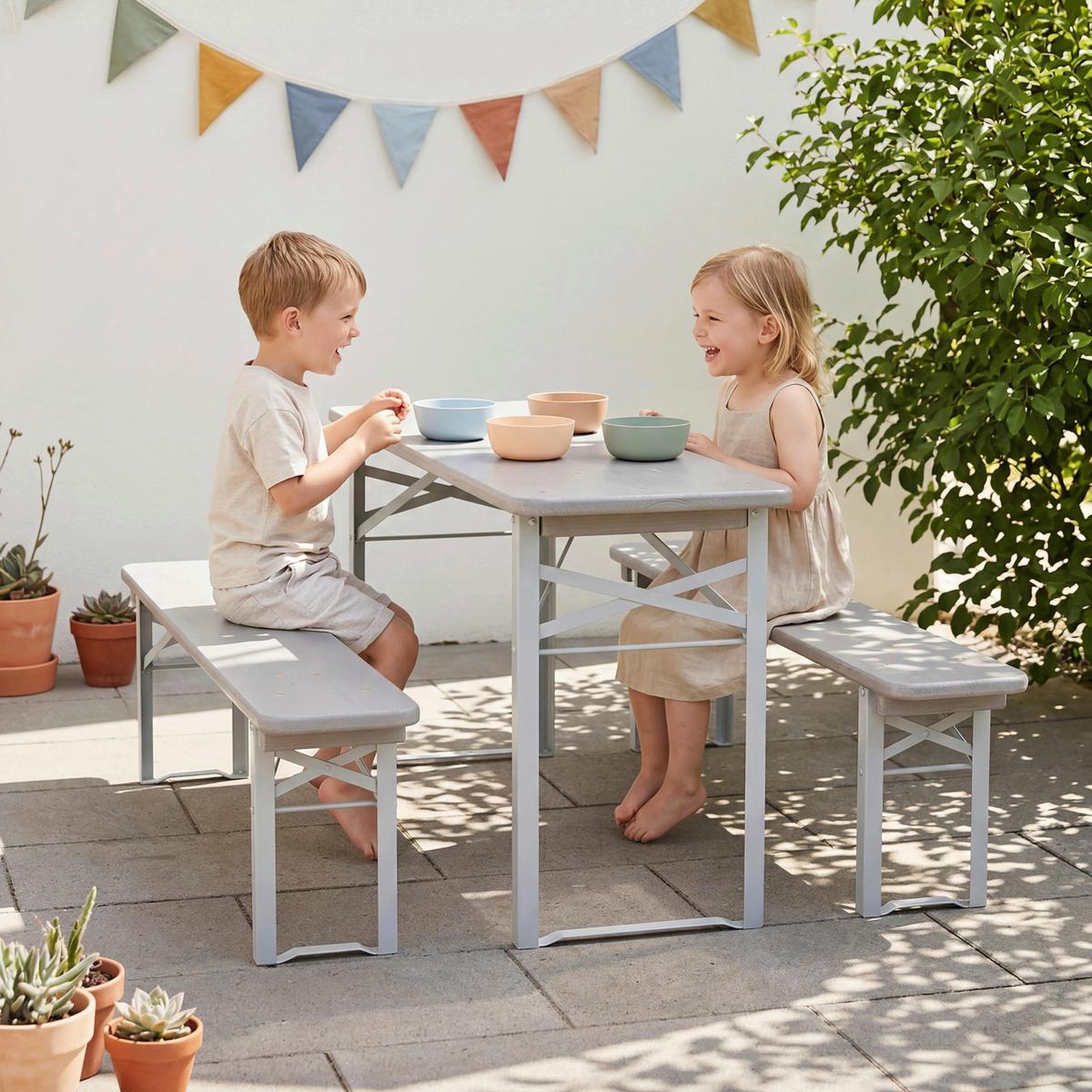 Kindersitzgruppe natur/Grün 3-Teilig. - Hellgrau/Weiß, Basics, Holz/Metall (109cm)