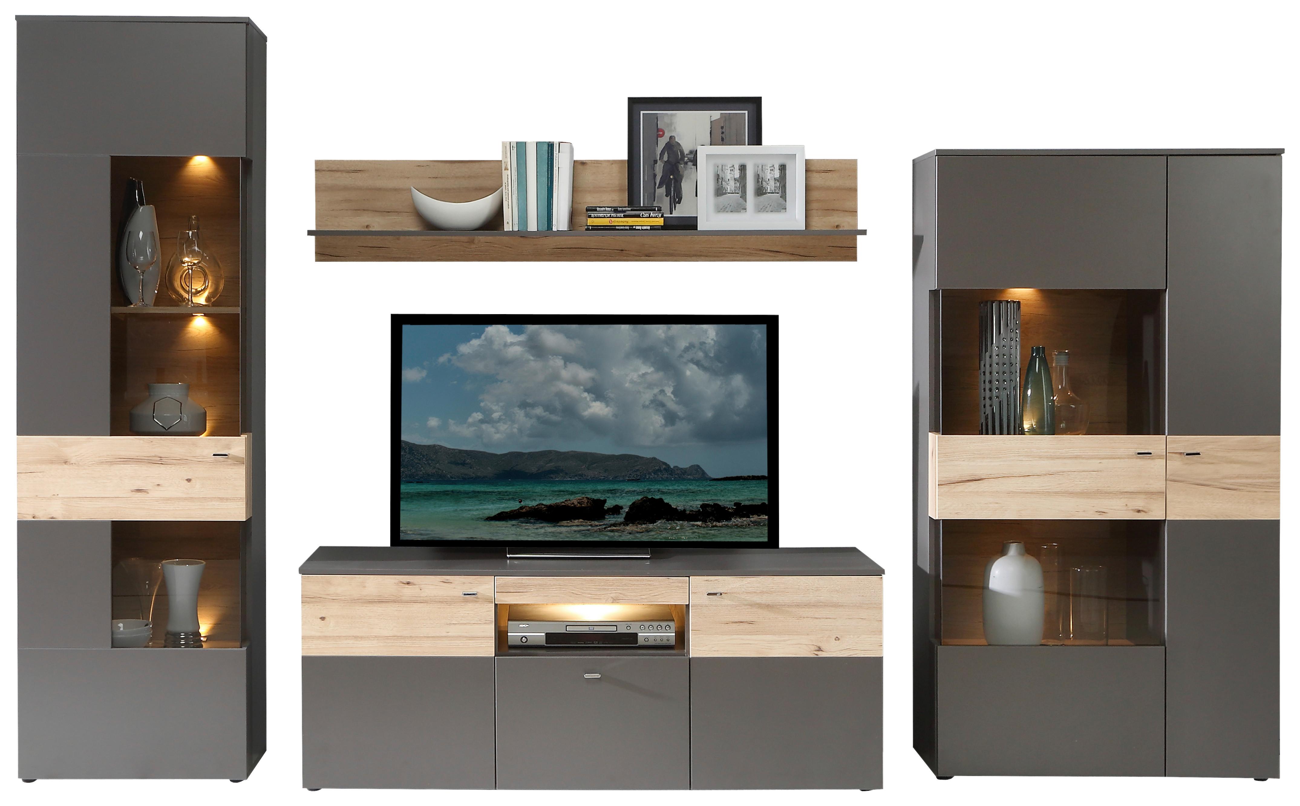 Wohnwand Modern 4 Tgl. Mit Led Como, Grau/ Eiche Dekor - Eichefarben/Grau, Basics, Glas/Holzwerkstoff (319/203/52cm) - MID.YOU