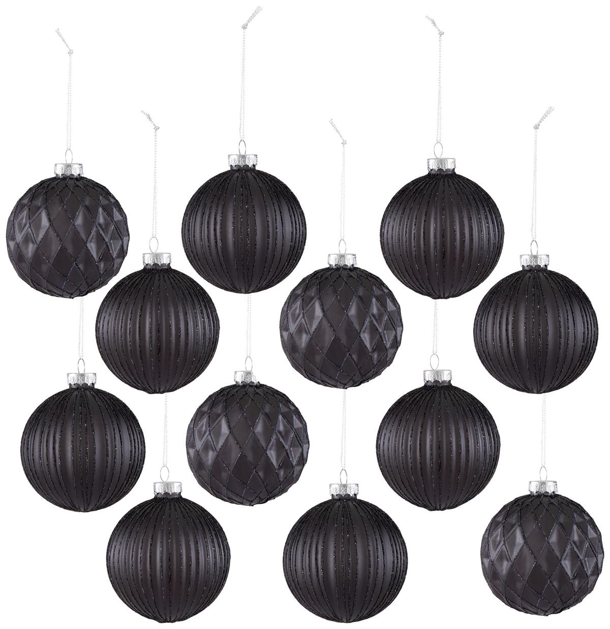 Sada vianočných gulí Miracle, Ø: 8cm, 12ks/bal. - čierna, kov/textil (8cm) - Modern Living