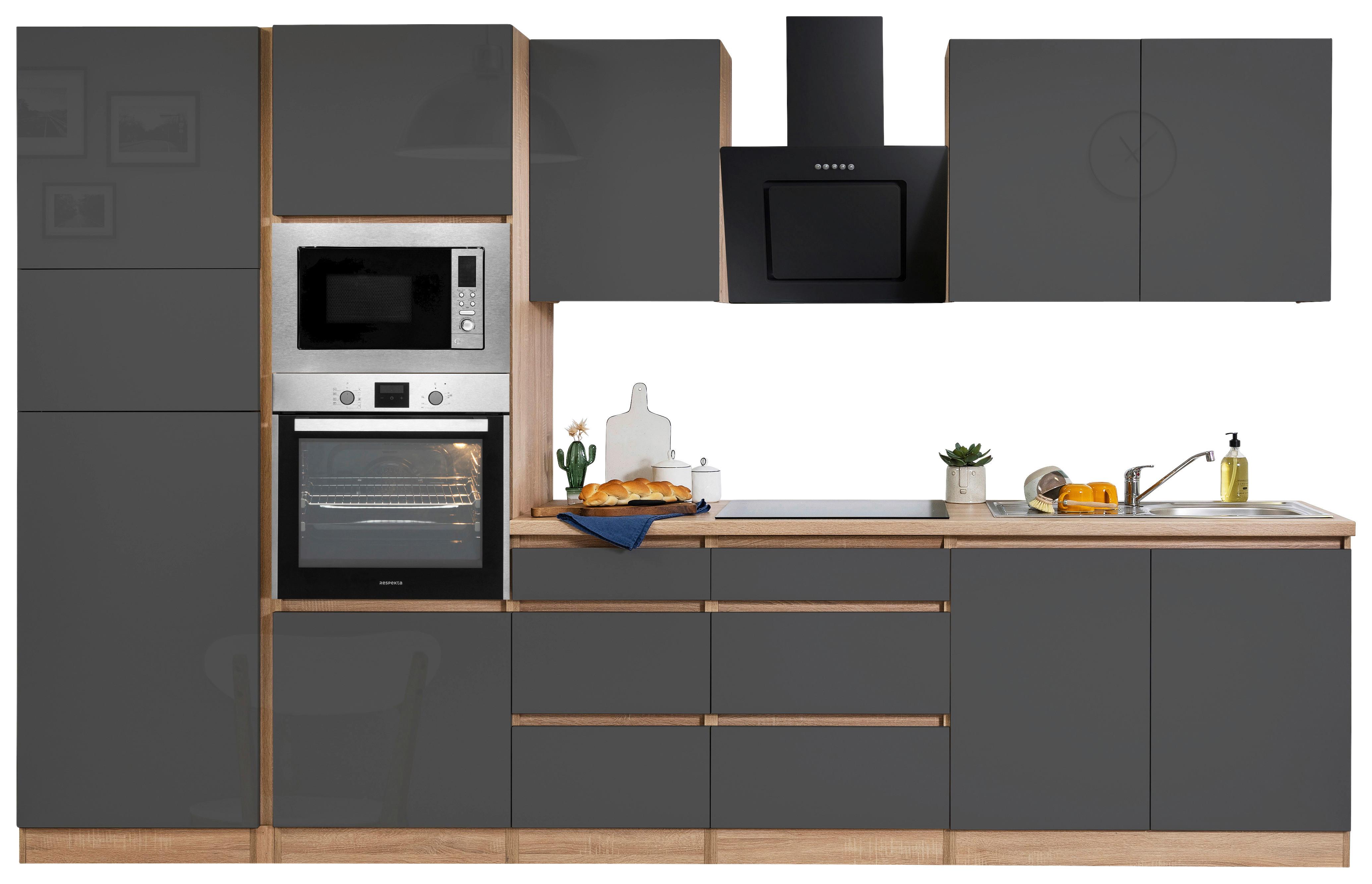 Küchenblock Lorena Küchenblock 335 cm - Grau Hochglanz/Eichefarben, Basics, Holzwerkstoff (335cm) - Respekta
