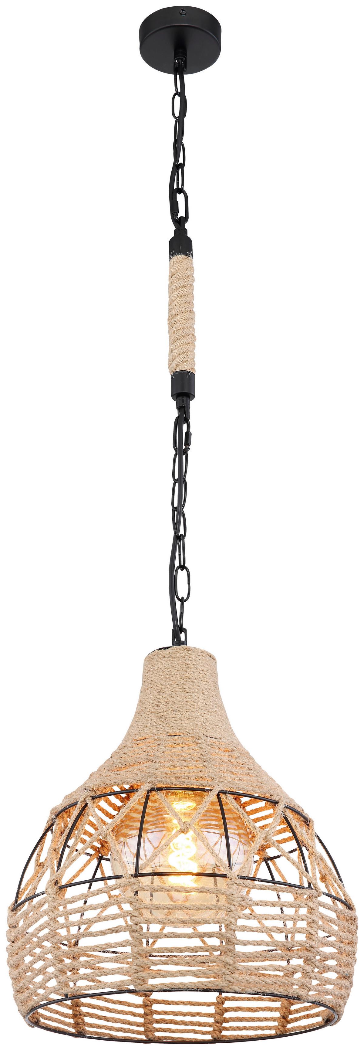 Hängeleuchte Halia H: 135 cm 1-Flammig, Hanfseil - Schwarz/Braun, Basics, Naturmaterialien/Metall (30/135cm) - Globo