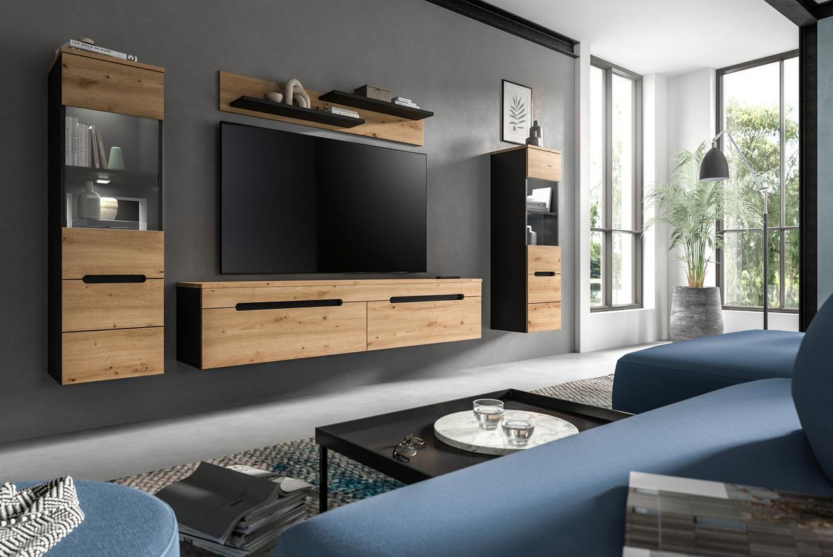 Wohnwand Canu Eiche Artisan Dekor B: 272cm - Schwarz/Eiche Artisan, Design, Holzwerkstoff (272/141/33cm) - Livetastic