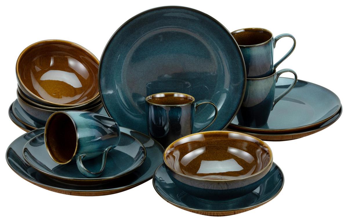 Kombiservice Mallorca Keramik 4 Personen Geschirr Set - Petrol/Braun, Design, Keramik - Creatable