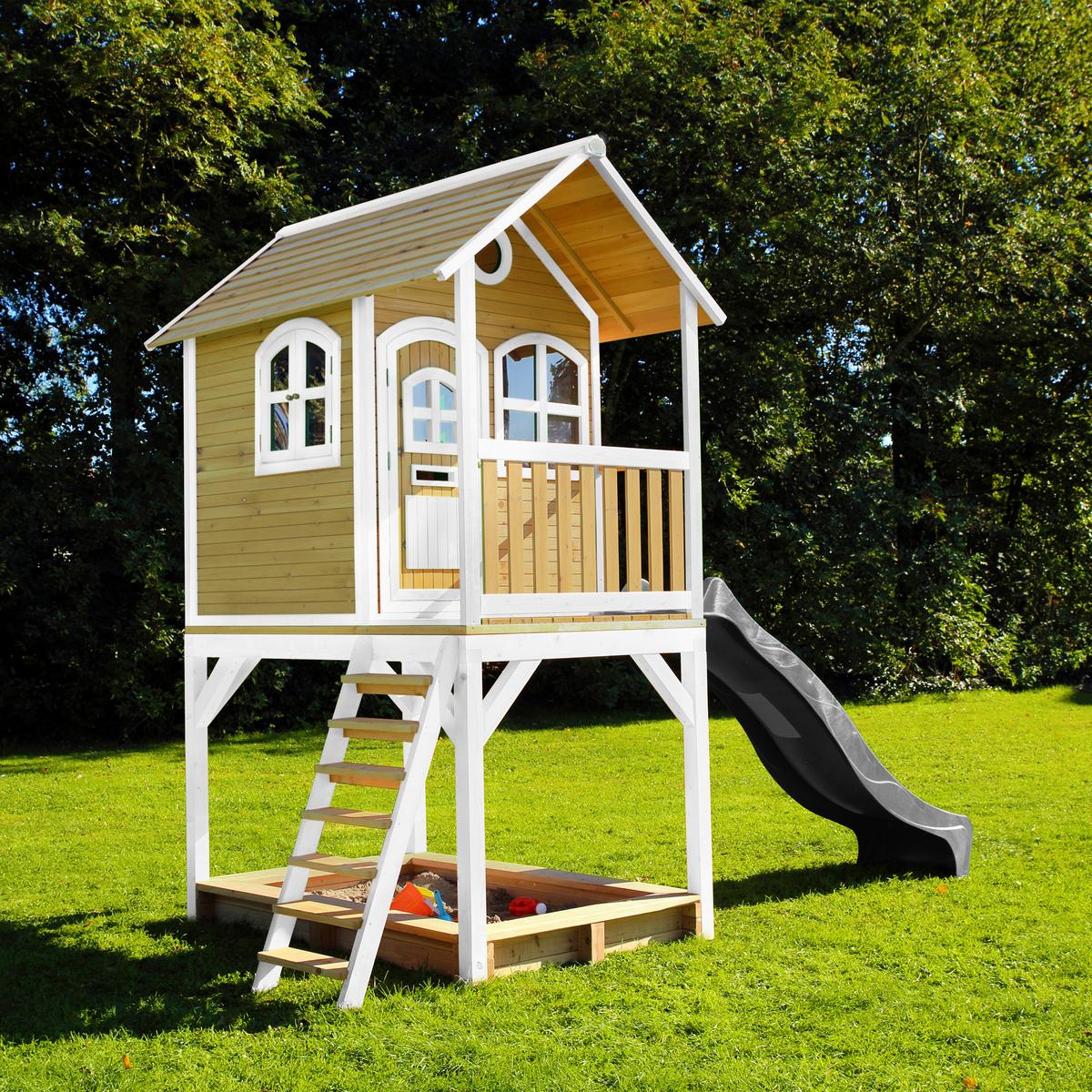 Spielhaus Sarah Braun/grau/weiß B: 370 Cm - Braun/Weiß, KONVENTIONELL, Holz/Kunststoff (370/291/191cm) - Ambia Garden