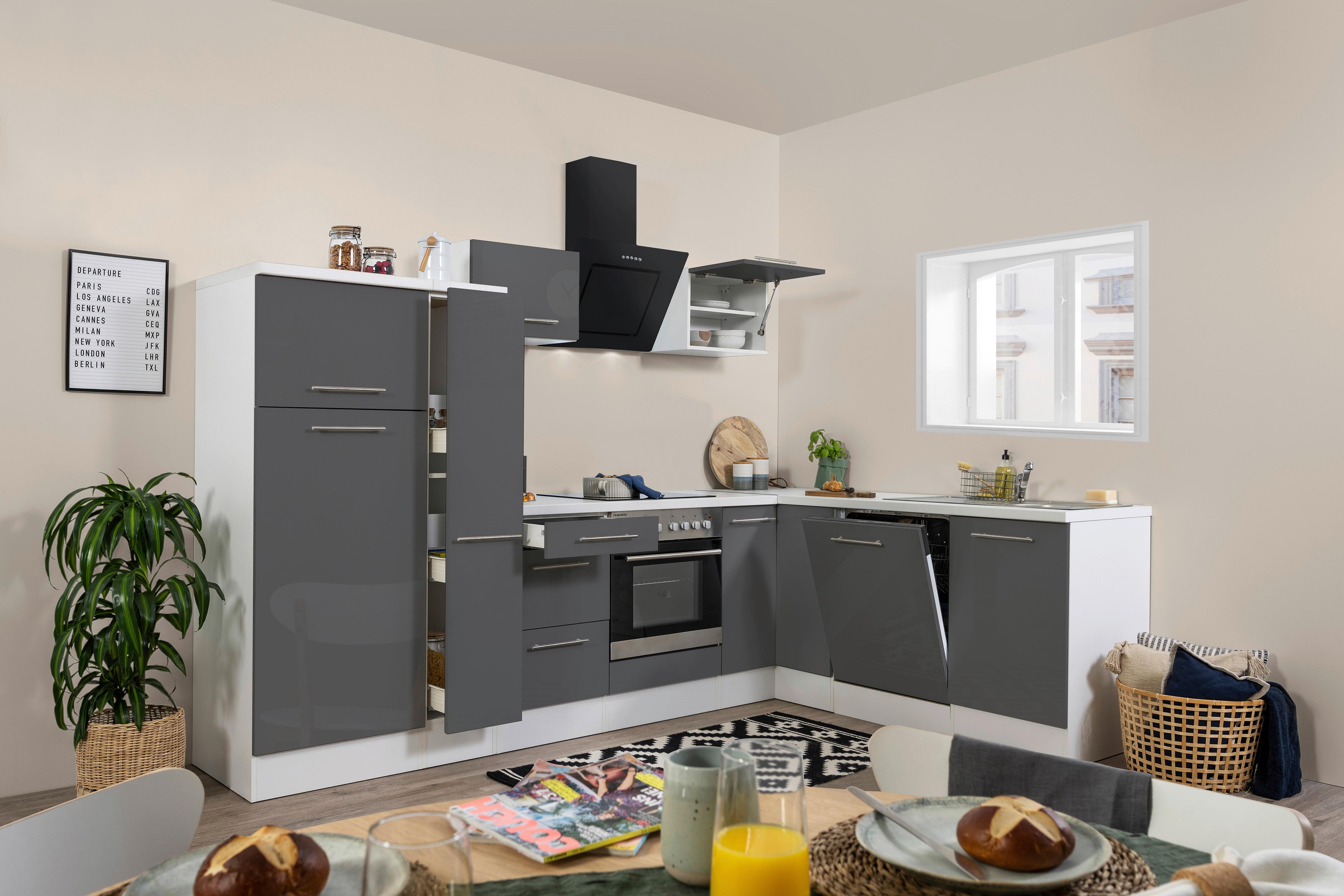 Eckküche Rp290wgc mit Geräten 290x200 cm Grau/Weiß - Grau Hochglanz/Weiß, KONVENTIONELL, Holzwerkstoff (290/200cm) - Respekta