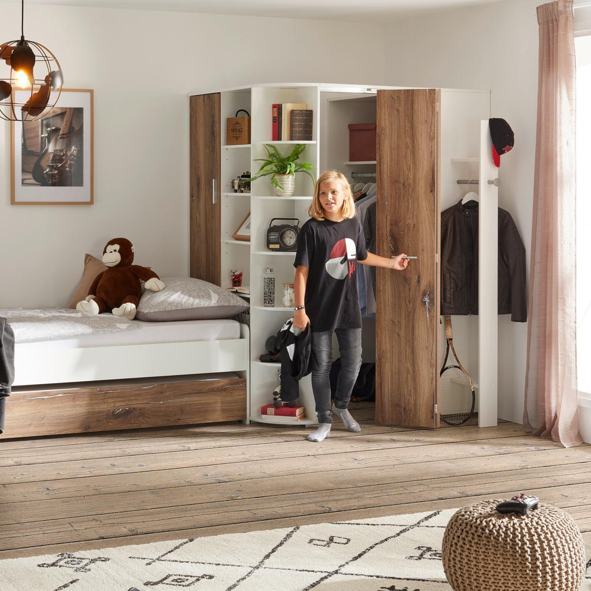 Rohová skříň YOUNG dekor bílá/dub Flagstaff - bílá/barvy dubu, Konvenční, kompozitní dřevo/plast (124/198/148cm)