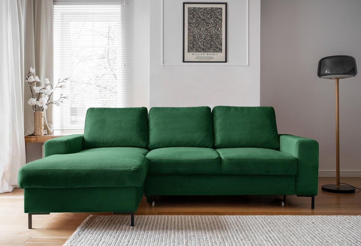Rohová rozkládací pohovka ALEX, levý roh - černá/smaragdově zelená, Design, kov/dřevo (148/236cm) - MID.YOU