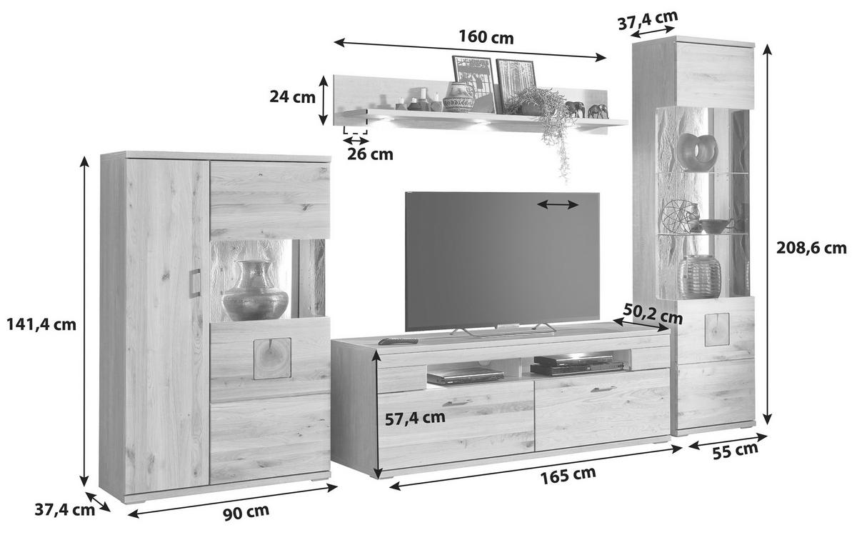 Wohnwand Kansas - Alteiche/Silberfarben, KONVENTIONELL, Glas/Holz (330/208,3/50,2cm) - Livetastic