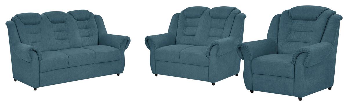 Sitzgarnitur 3-tlg. Boston Blau Chenille - Blau/Schwarz, KONVENTIONELL, Textil - Livetastic