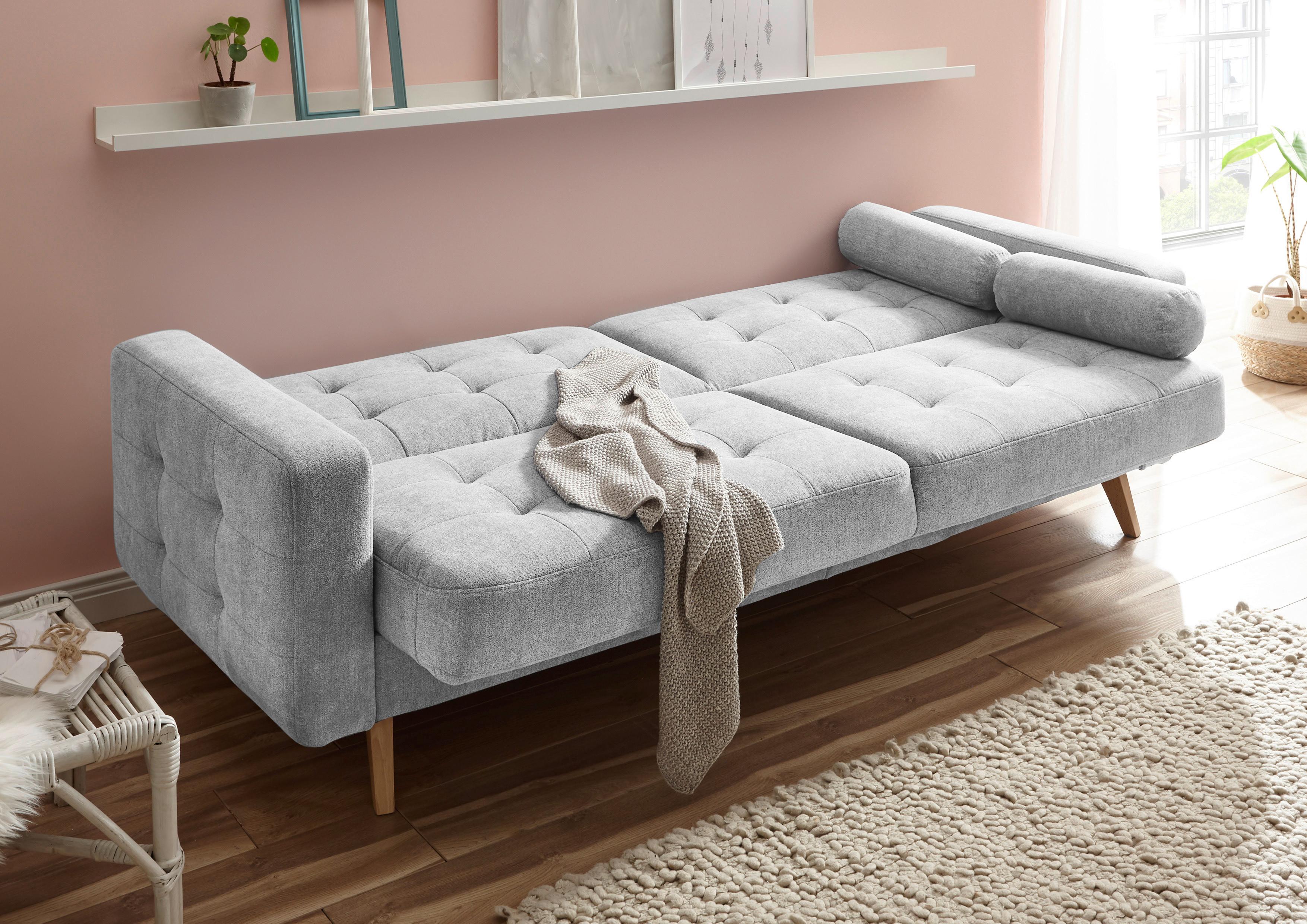 Schlafsofa Mit Bettkasten Und Kissen Fjord, Webstoff - Eichefarben/Silberfarben, MODERN, Holzwerkstoff/Textil (222/86/90cm) - MID.YOU