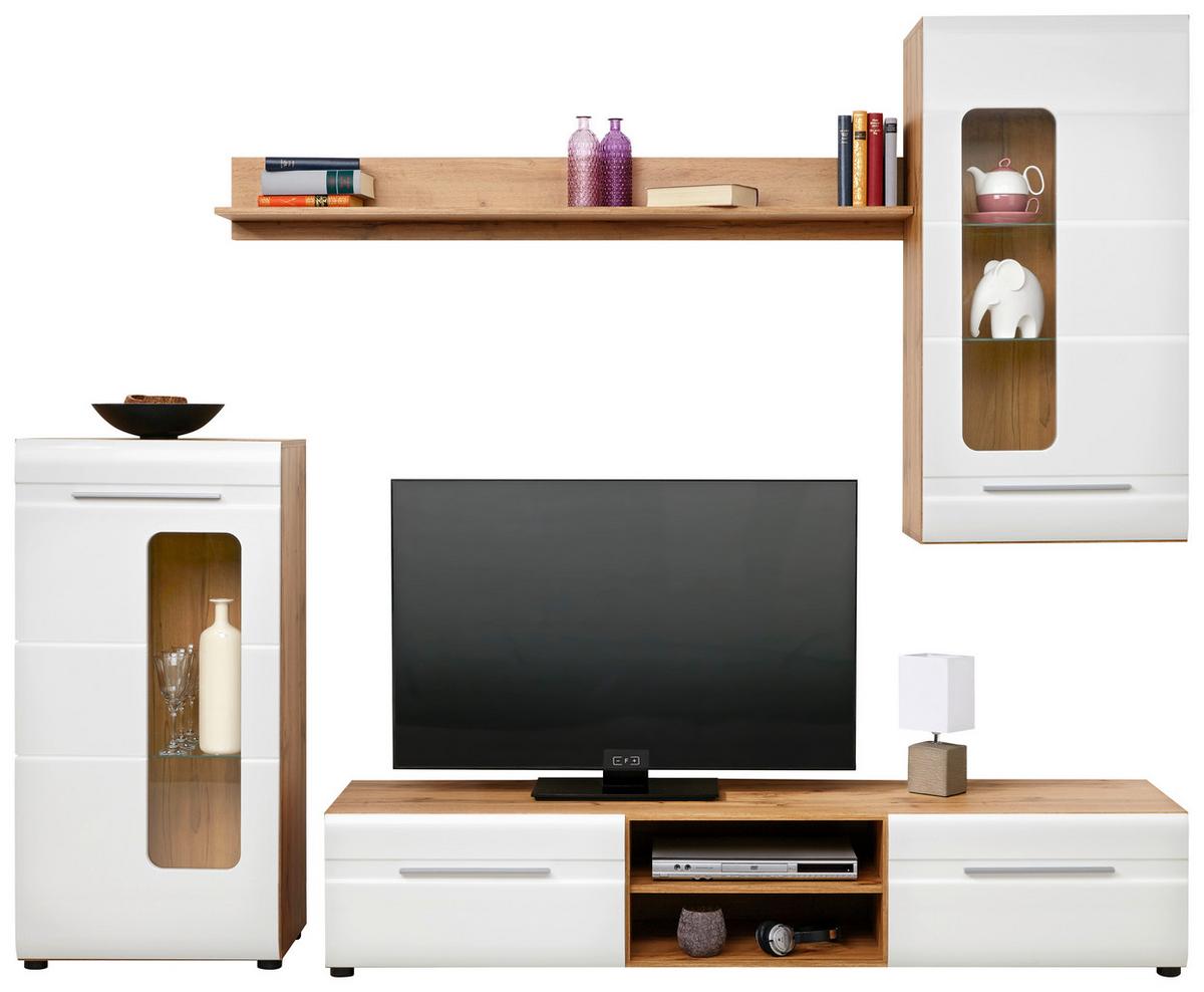 Wohnwand Modern 4 Tlg. Bailamos, Weiß/eiche Dekor - Eichefarben/Schwarz, MODERN, Glas/Holzwerkstoff (235/199,1/41,6cm)