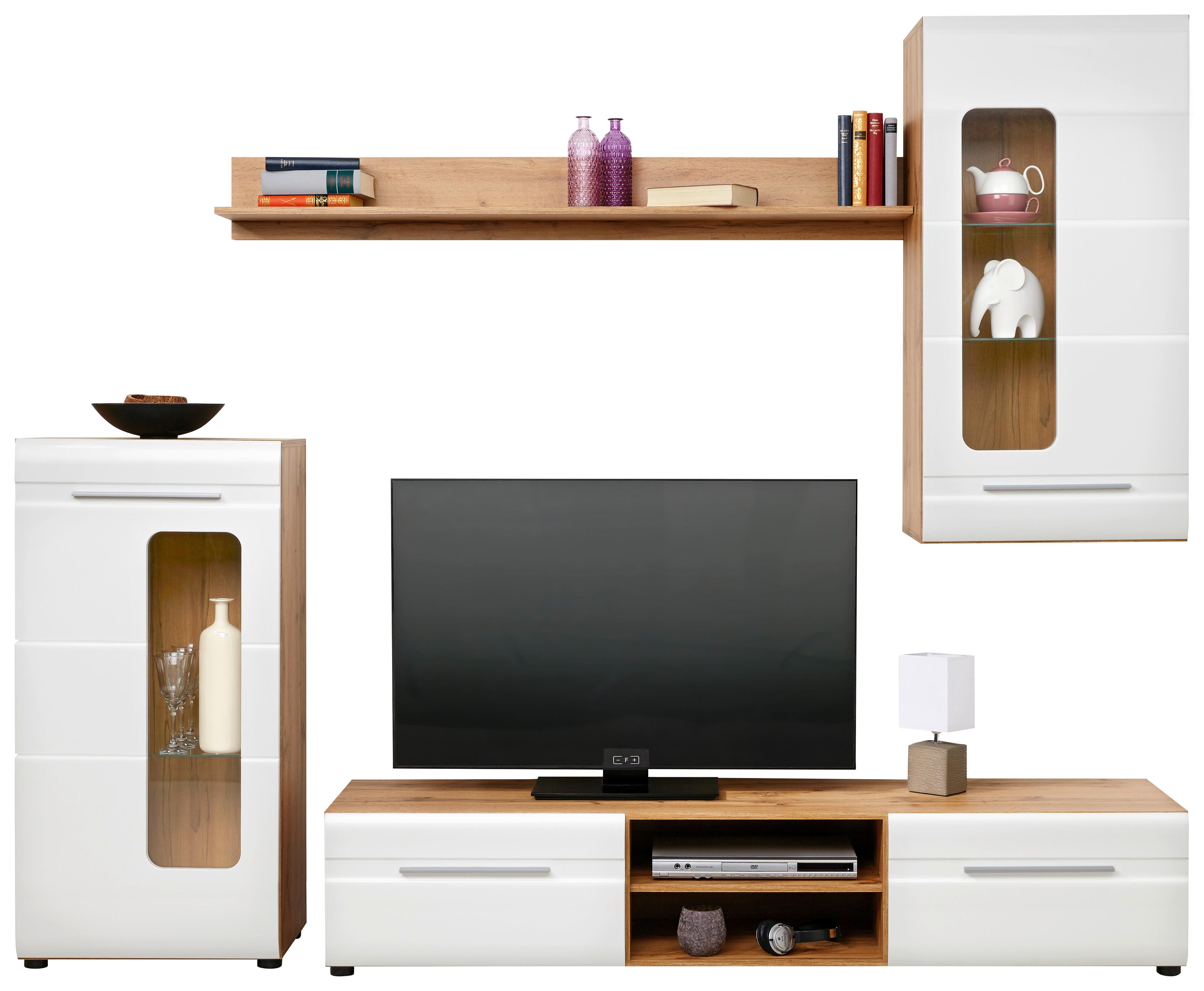 Wohnwand Modern 4 -Teilig. Bailamos, Weiß/Eiche Dekor