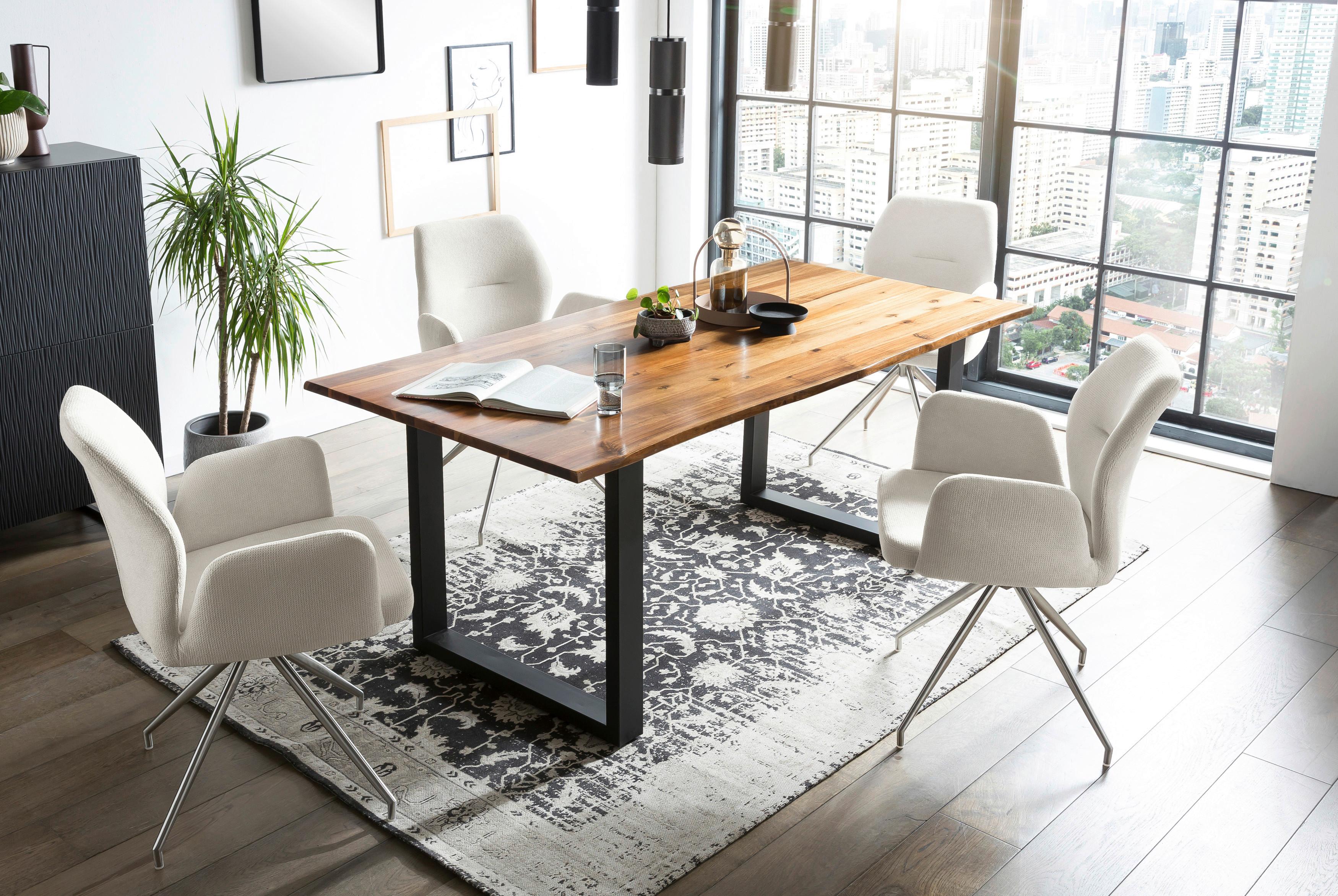 Tischgruppe Creme/Cognac L: 160cm - Cognac/Silberfarben, MODERN, Holz/Textil (160/85/77cm) - Livetastic