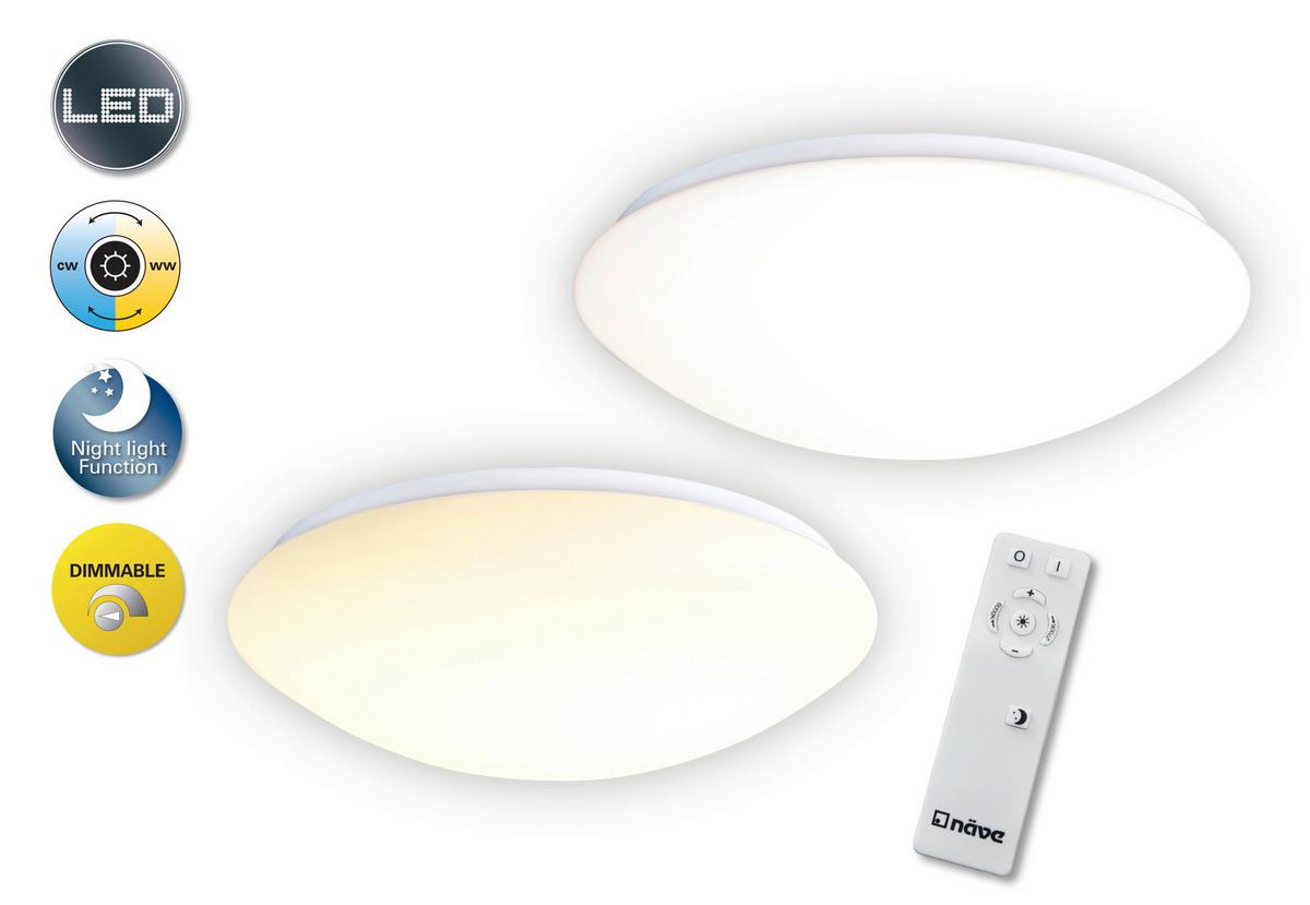 Led-deckenleuchte Ø 35 Cm Rund Dimmbar Mit Fernbedienung - Weiß, Basics, Kunststoff/Metall (35/11cm) - Näve