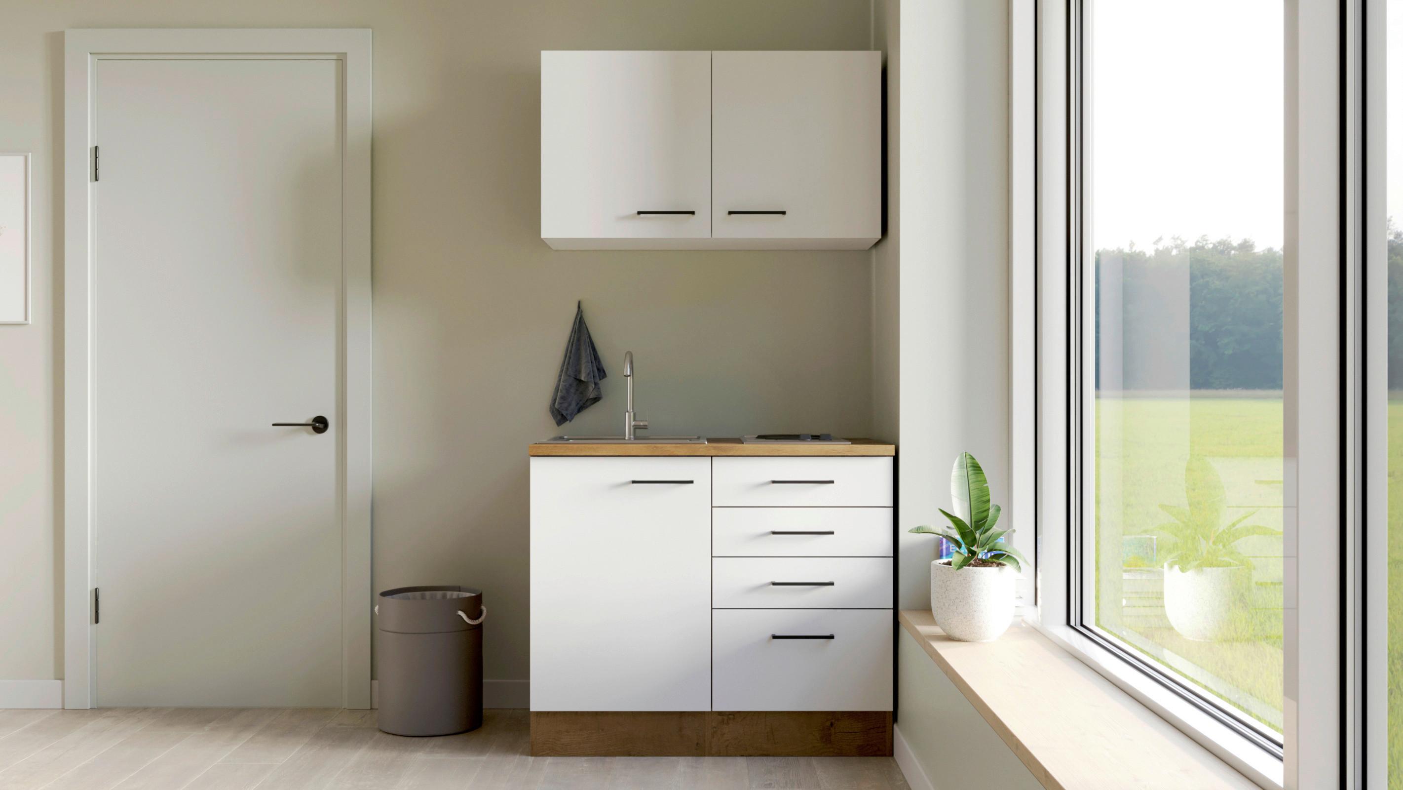 Minikuchyně Avila,šířka 100 cm včetně dřezu a varné desky - barvy dubu/černá, Moderní, kov/kompozitní dřevo (100cm) - FlexWell