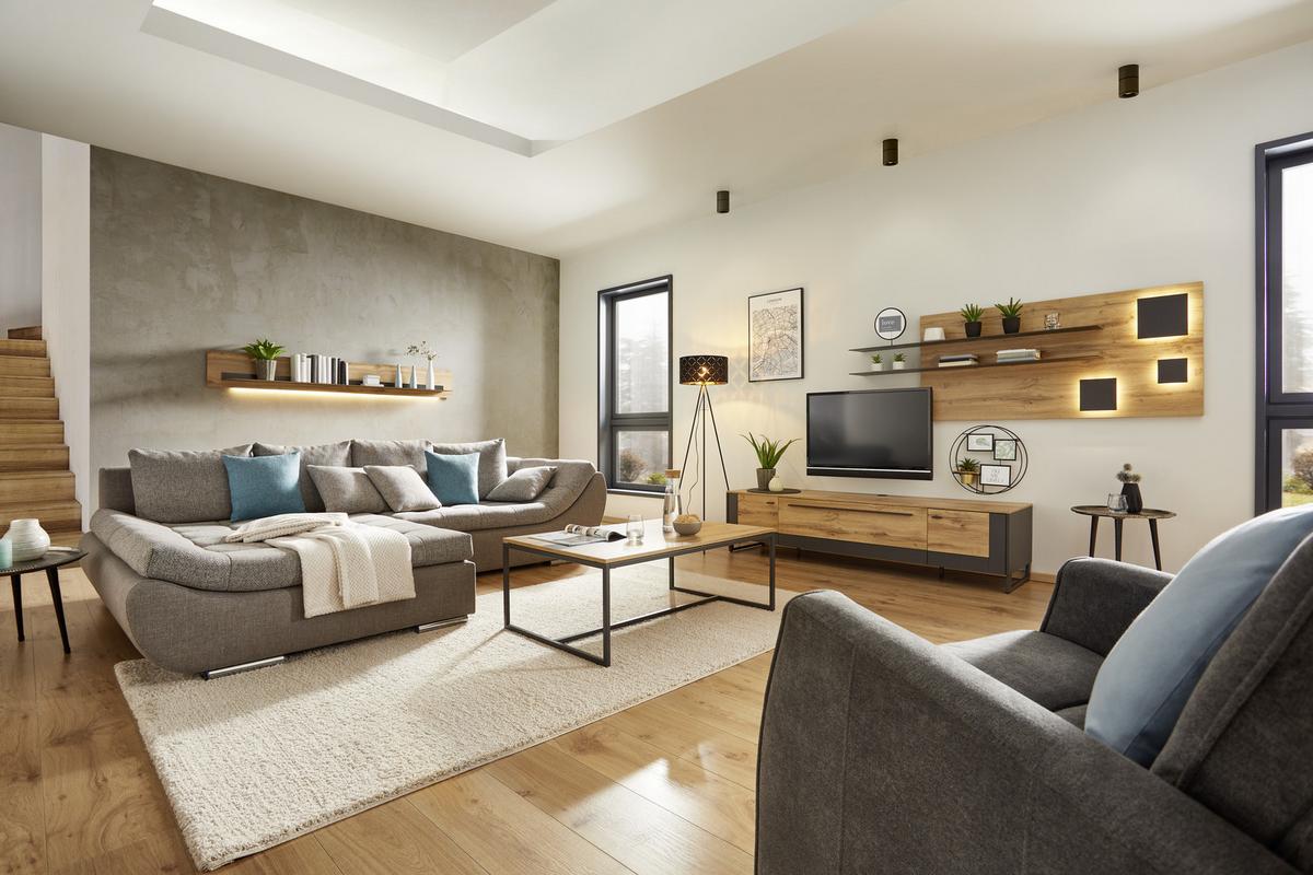 NÁSTĚNNÁ POLICE SKAGEN - černá/barvy dubu, Moderní, kov/kompozitní dřevo (197/27/22cm) - Premium Living