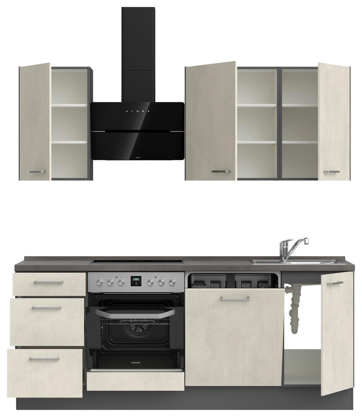 Kuchynská linka 210CM biely betón/ bridlicová šedá - biela/farba ušľachtilej ocele, Modern, kov/kompozitné drevo (210cm) - Nobilia