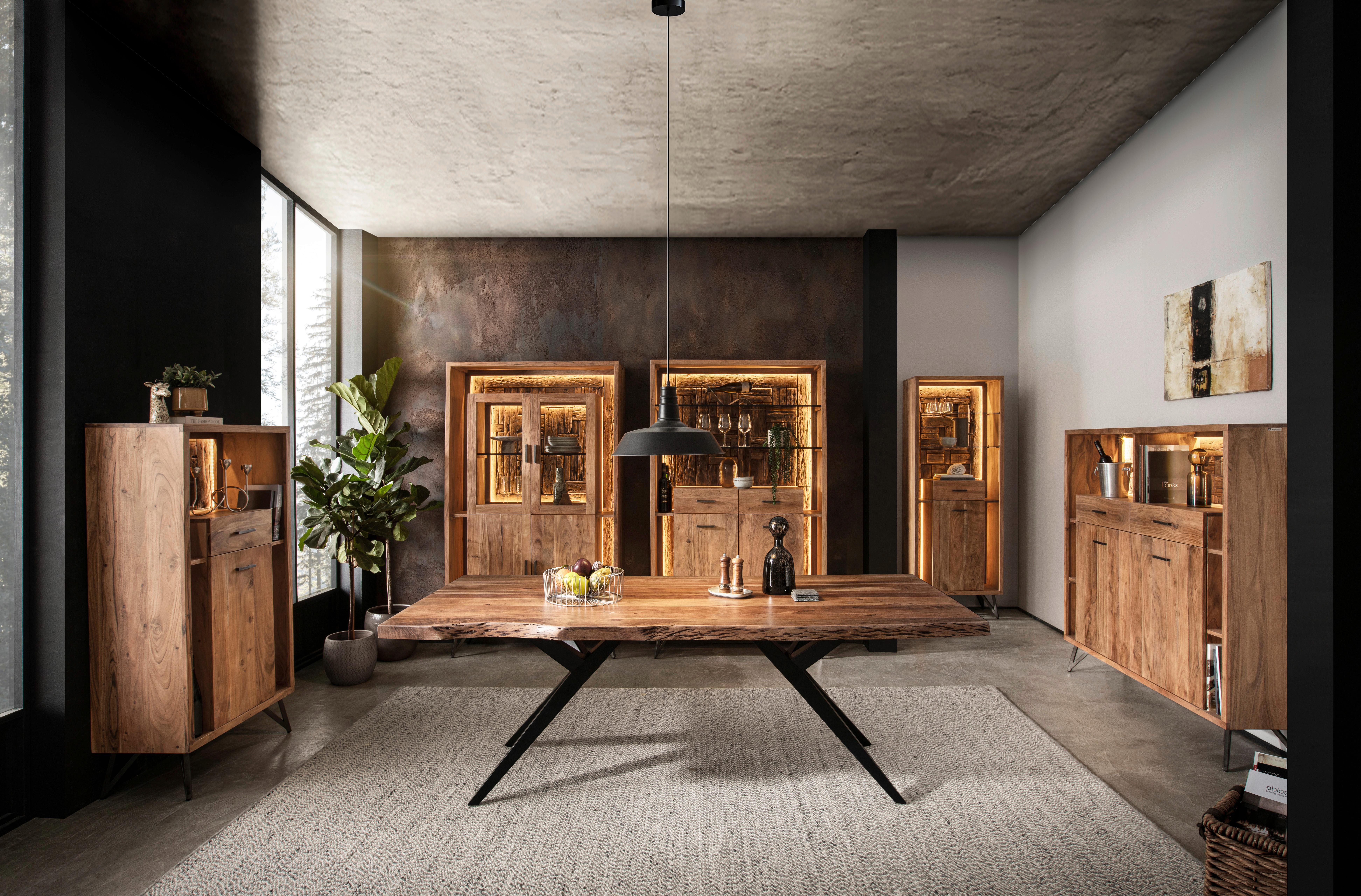 Highboard Indira Akazie Massiv, B: 145 cm - Schwarz/Akaziefarben, ROMANTIK / LANDHAUS, Holz/Metall (145/150/40cm)