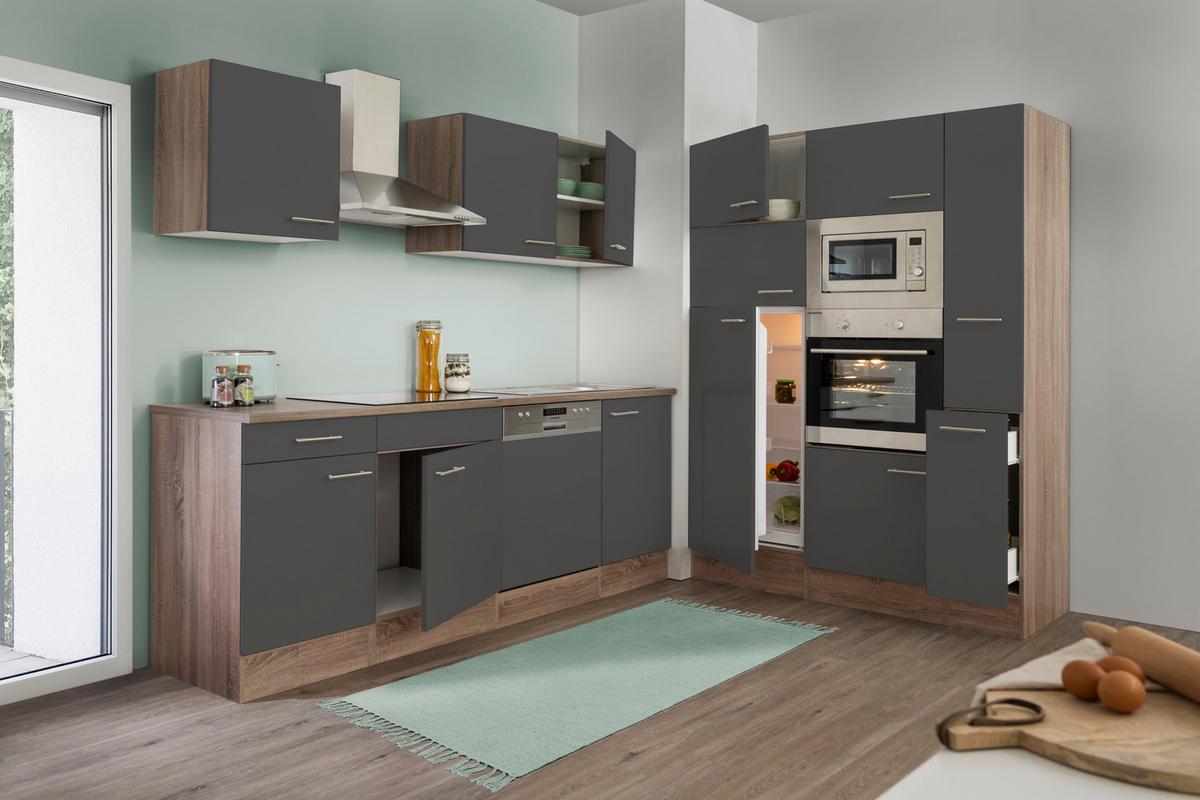 Küchenzeile mit Geräten B: 370 cm Grau/Eiche Dekor - Eichefarben/Grau, MODERN, Holzwerkstoff (370cm) - Respekta