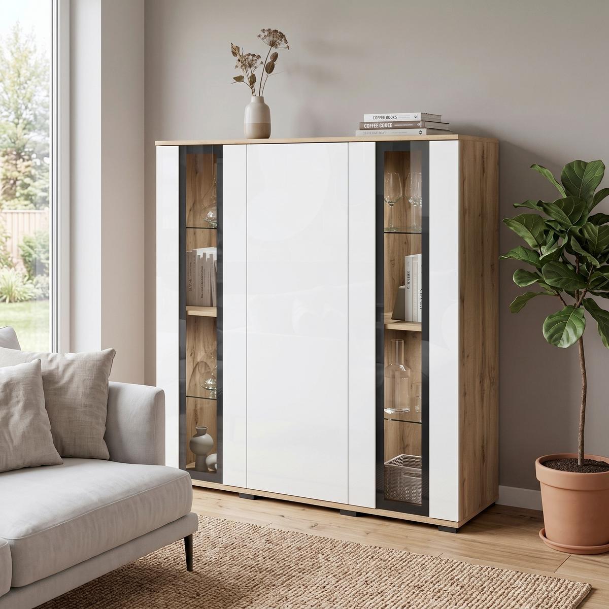 VYSOKÁ KOMODA CARO 120 - čierna/biela s vysokým leskom, Design, kompozitné drevo/plast (120/121,9/39,5cm) - Livetastic