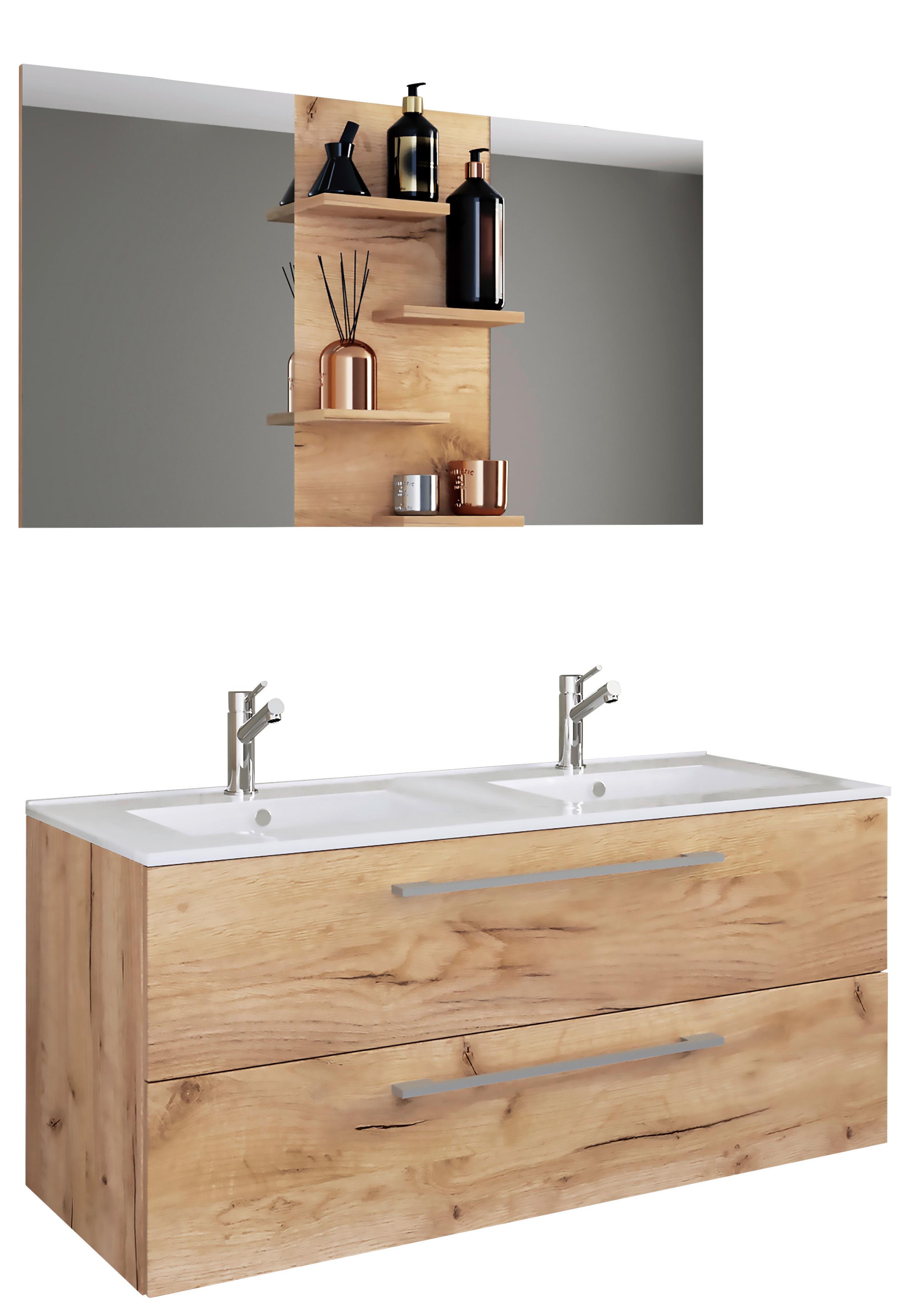 Badmöbel-Set 3-Tlg. Budasi B: 112 cm Weiß/Eiche Dekor - Honigeiche/Weiß, MODERN, Keramik/Holzwerkstoff (112cm) - MID.YOU