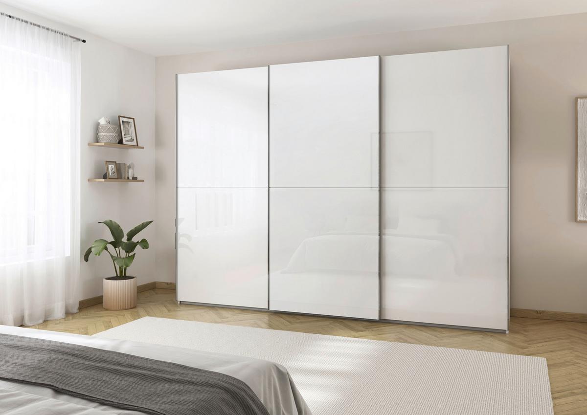 Schwebetürenschrank Fifty 3trg Weiß/weißglas, B: 301 Cm - Weiß, KONVENTIONELL, Glas/Holzwerkstoff (301/222/64cm) - Luca Bessoni
