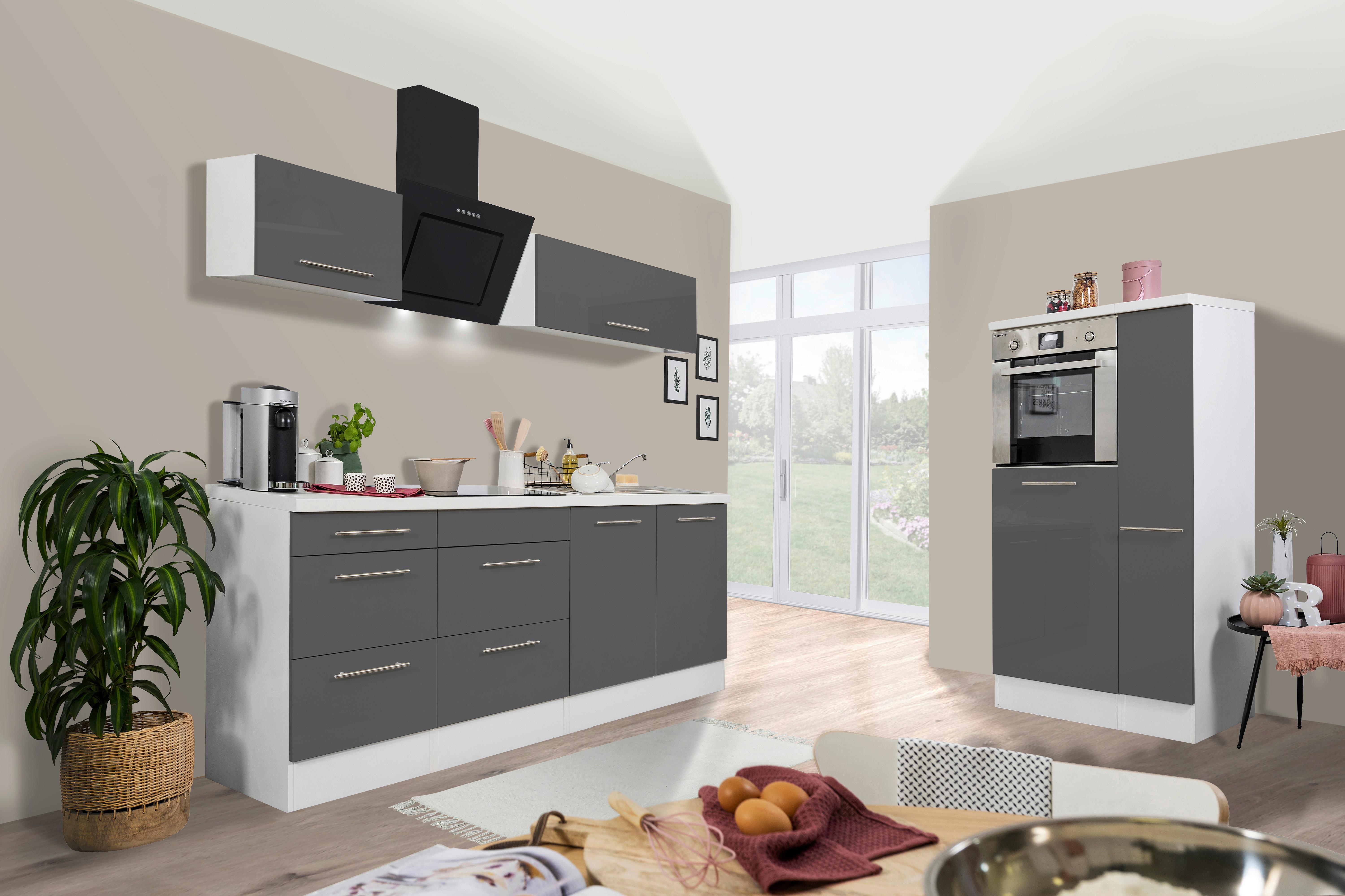 Küchenzeile mit Geräten 300 cm Grau Hochglanz/Weiß - Weiß/Grau, KONVENTIONELL, Holzwerkstoff (300cm) - Respekta