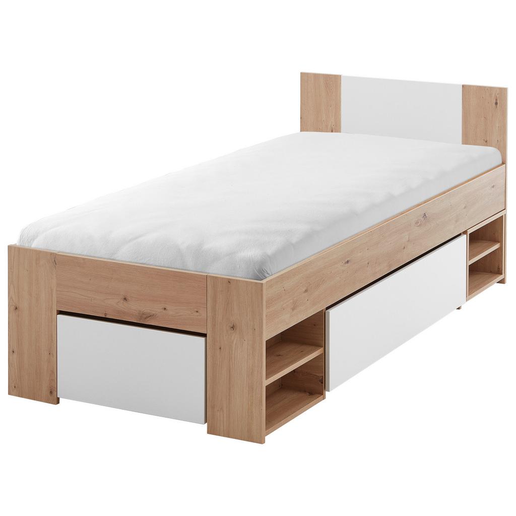 Stauraumbett m. Bettladen 90x 200cm Azurro Weiß/Eiche