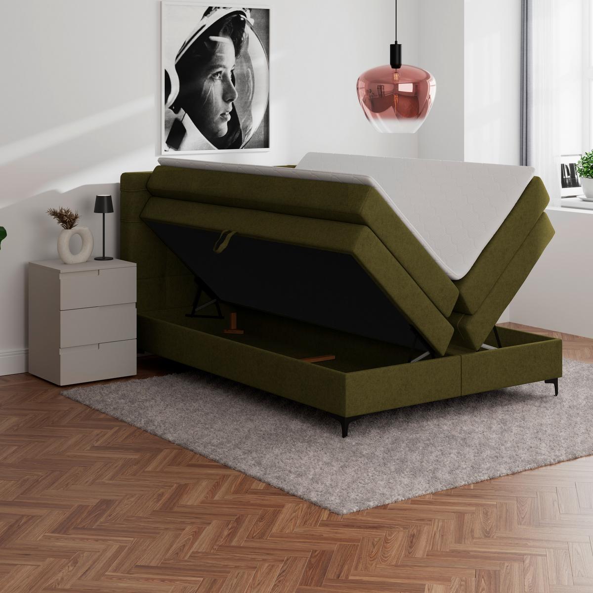 Boxspringbett MITTO Moosgrün 140x200 cm - Schwarz/Grün, KONVENTIONELL, Textil/Metall (140/200cm)