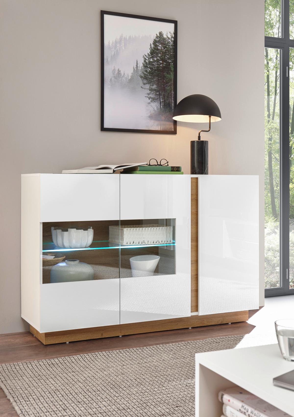 Sideboard Clair Weiß/Eiche Dekor B:138cm - Eichefarben/Weiß, Design, Glas/Holzwerkstoff (138/91/40cm) - MID.YOU