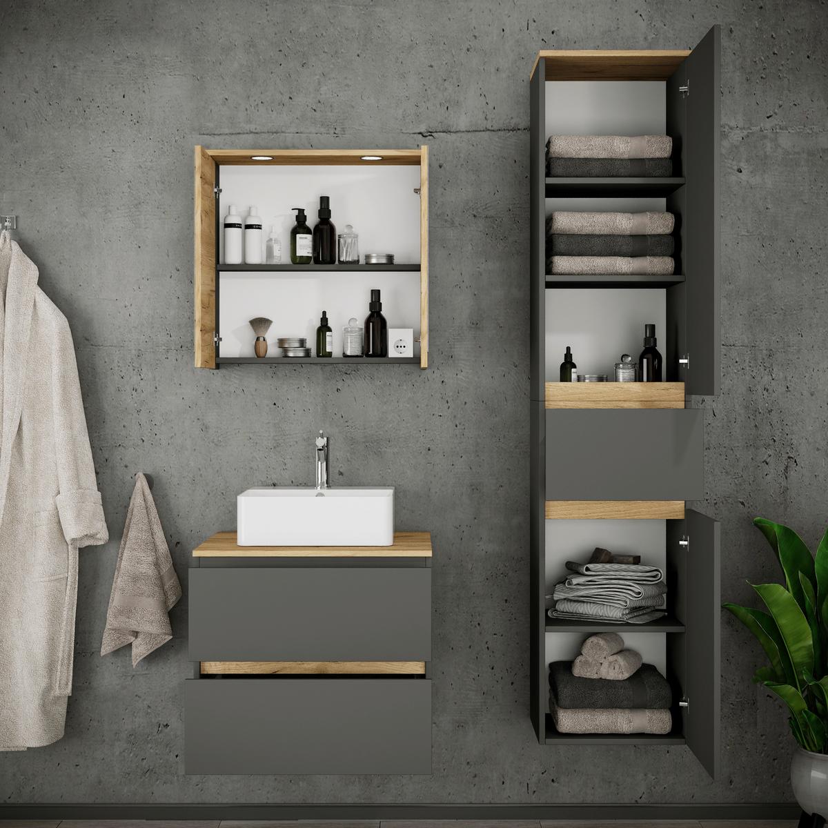 Fürdőszobabútor Cosila - méztölgy színű/antracit, Trend, faalapú anyag/kerámia (90cm) - MID.YOU