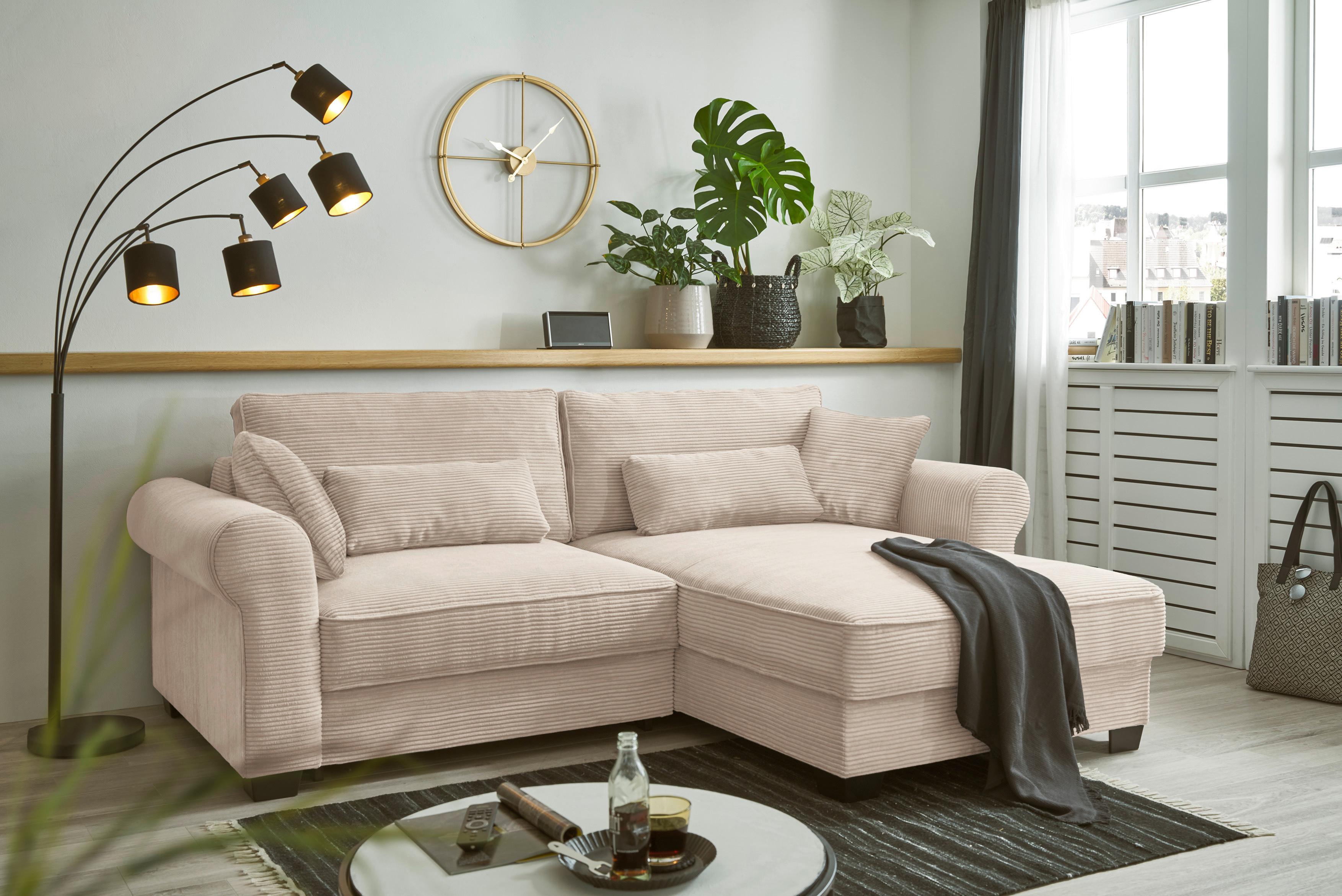 Ecksofa mit Schlaffunktion Angelina Creme Kord - Creme/Schwarz, Basics, Textil (255/92/185cm) - MID.YOU
