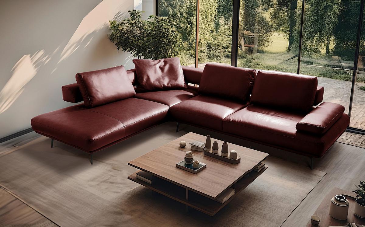 Ecksofa Como Echtleder Rot 237x306 - Rot/Schwarz, Design, Leder (237/306cm) - Livetastic