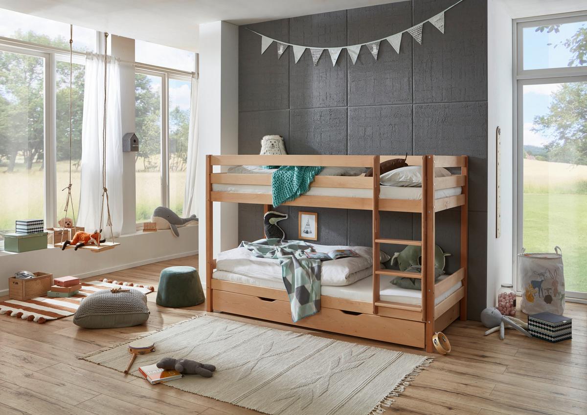 Etagenbett Lupo 2 Natur Buche Massiv Mit Absturzsicherung - Buchefarben, KONVENTIONELL, Holz (90/200cm)